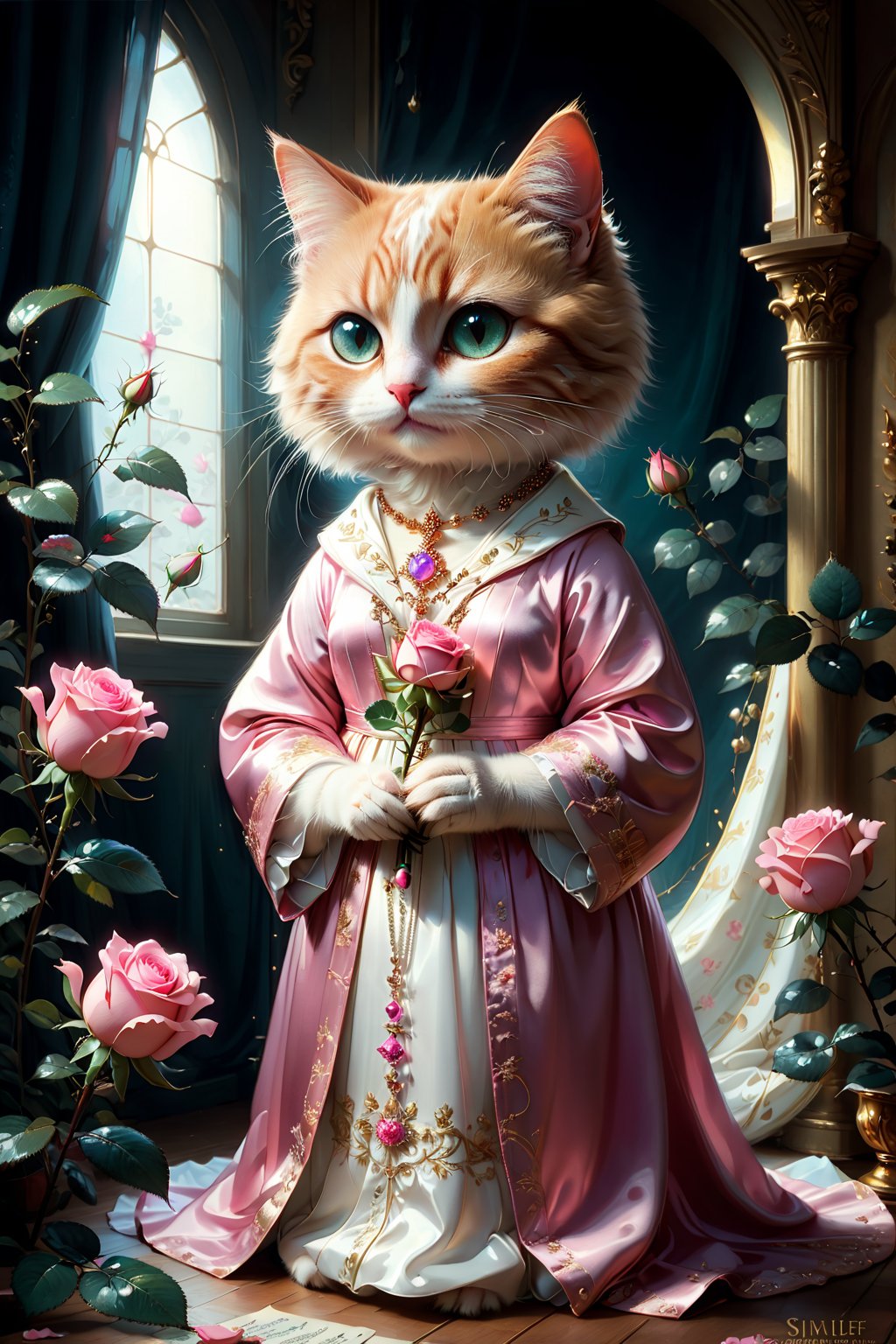 royal cat holding pink rose,clad in opulent robe,moonshine necklace,Little love around,floral sheet music background
Oil painting inspired by the style of Silke Leffler, Lisbeth Zwerger, Rebecca Dautremer, and  sandro nardini,
sharp focus, emotive brushstrokes,
strong chiaroscuro for heightened contrast between light and shadows,
creating a tangible sense of depth and perspective, realistic drawings,More Details, stworki