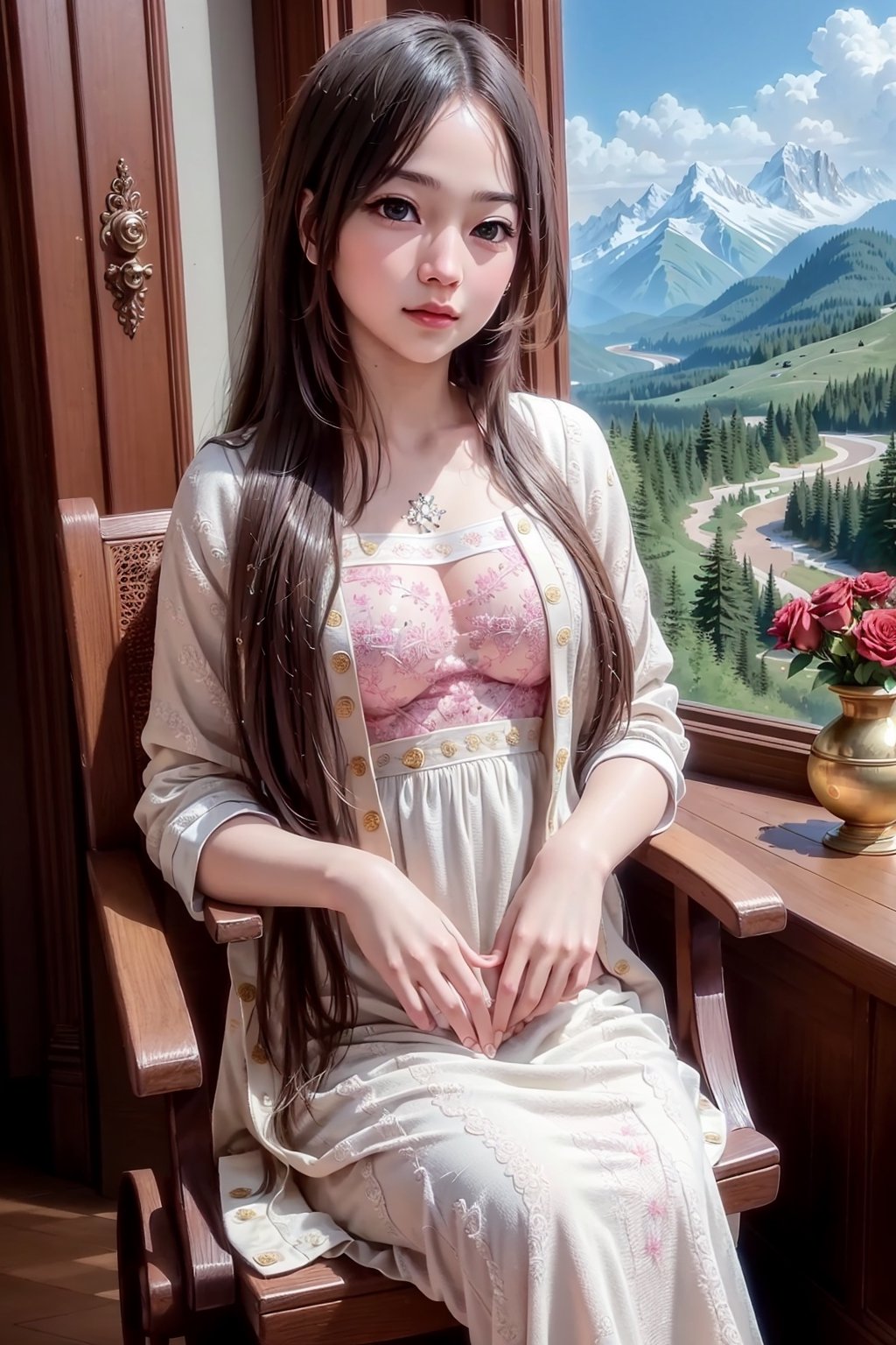 (ultra detailed, ultra highres), (masterpiece, top quality, best quality, official art :1.4), (high quality:1.3), cinematic, (muted colors, dim colors), (perfect eyes, perfect face:1.3), long-lenses photograph, realistic, UHD, 16K, 8K, warm glow, with mountains and valleys,(made needlework :1.4) , heart, (Roses, flowers :1.3), stunning light, sharp focus, extremely detailed CG, (perfect hands, perfect fingers, nice hands), photorealistic, casual wear, (1girl with shiny long hair:1.4), more detail 