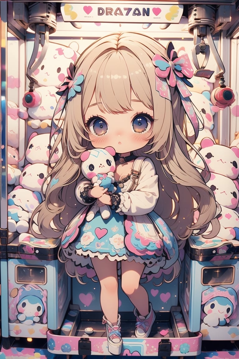 1girl, best quality, ultra-detailed, (((masterpiece))), (((best quality))), extremely detailed, ((claw machine)), ((claw is clamping a doll box up)), hand on bottom panel, control joystick and press button with hand, cleavage, big tits, ribbon, beige lace overalls, black updo longhair, shy, blush, petite figure proportion, claw machine, Glittering, cute and adorable, (perfect lighting, perfect shadow), wide shot, dreamlike scenery, Realism, blending colors,vibrant hues, amazing photo, wearing dress pretty ruffle, cute shoe, hug pillow heart, holding cute doll, Chibi,
,UFOCatcher,