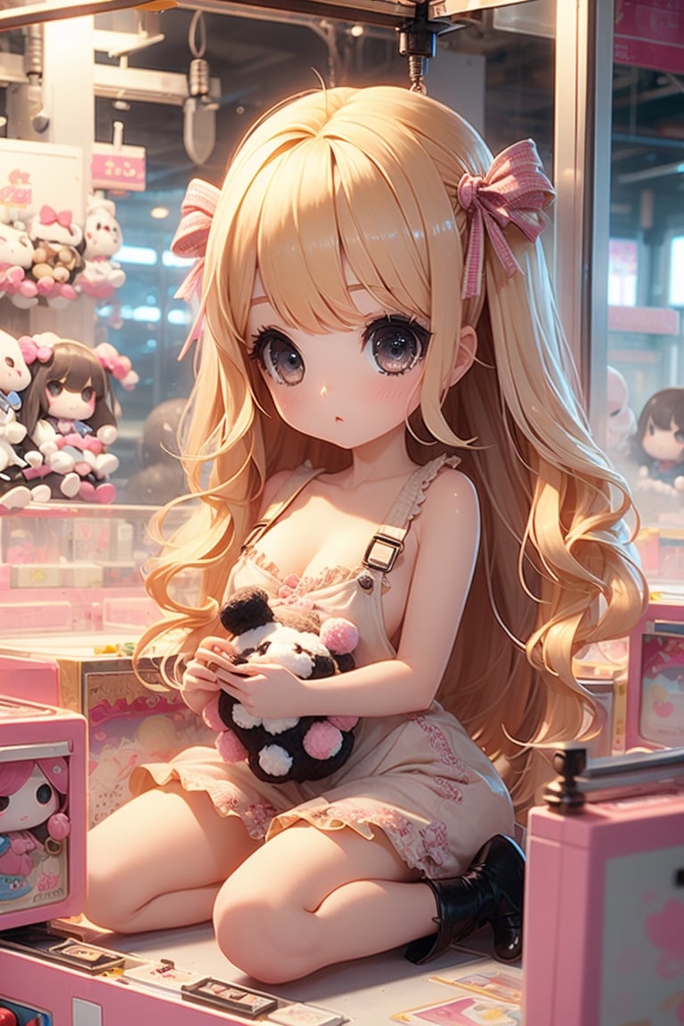 1girl, best quality, ultra-detailed, (((masterpiece))), (((best quality))), extremely detailed, ((claw machine)), ((claw is clamping a doll box up)), hand on bottom panel, control joystick and press button with hand, cleavage, big tits, ribbon, beige lace overalls, black updo longhair, shy, blush, petite figure proportion, claw machine, Glittering, cute and adorable, (perfect lighting, perfect shadow), wide shot, dreamlike scenery, Realism, blending colors,vibrant hues, amazing photo, wearing dress pretty ruffle, cute shoe, hug pillow heart, holding cute doll, Chibi,
,UFOCatcher,