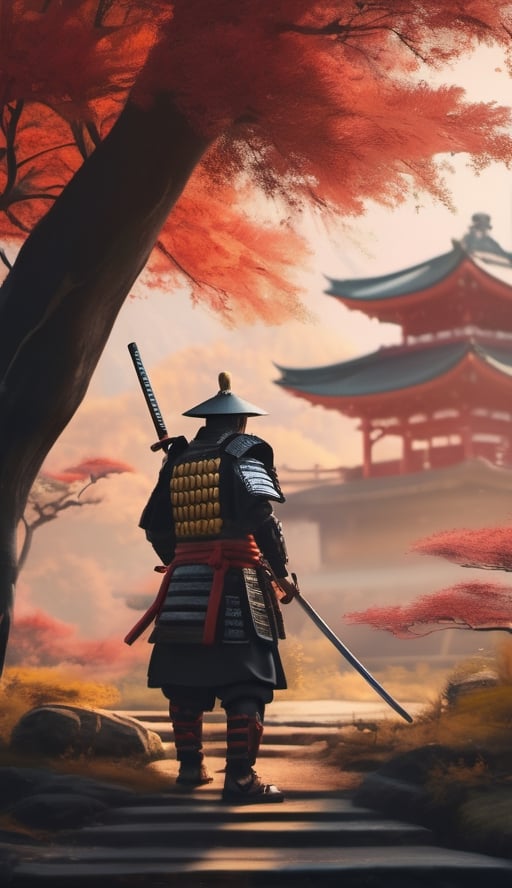Masterpiece, high details, high accuracy, sharp, focus, best quality,An image of a Samurai with battle armor and a katana sword in an ancient and beautiful place،8k