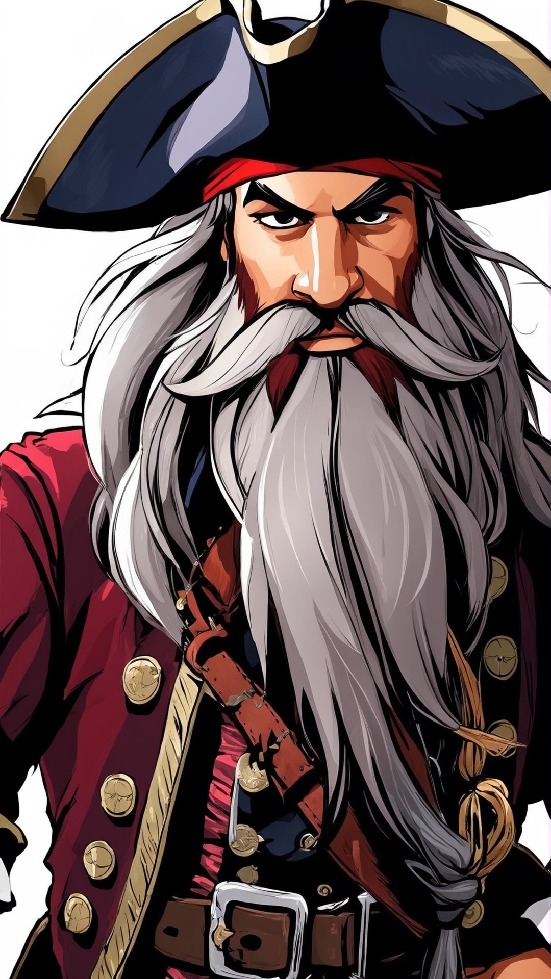 Imagine a pirate who is the captain of a pirate ship, dirty with a long beard, wild