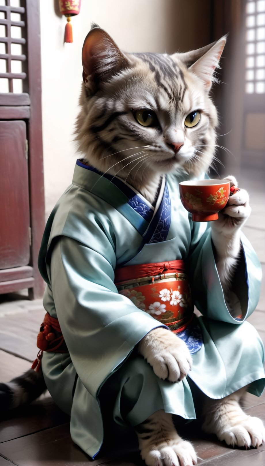 A picture of a cat in Chinese clothes sitting on the floor and drinking tea