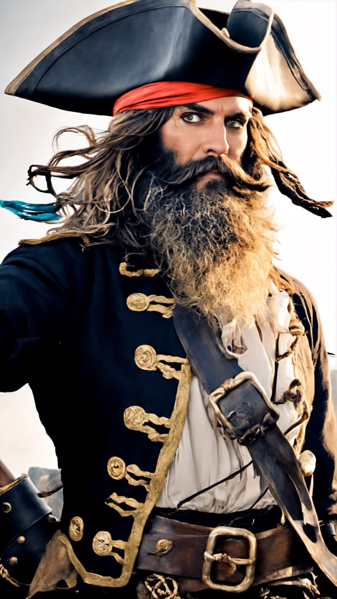 Imagine a pirate who is the captain of a pirate ship, dirty with a long beard, wild