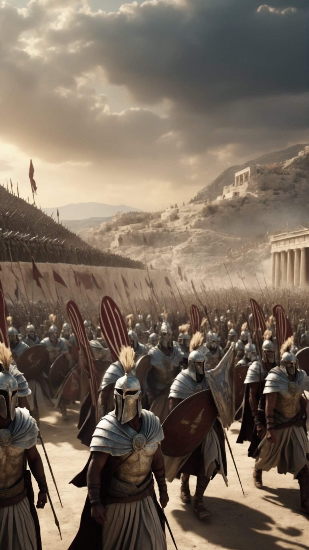 Xerxes leading a massive army, with banners fluttering in the wind, marching towards Greece. (Cinematic: Show the army advancing in a sweeping, epic shot with dramatic lighting) create hyperrealistic images