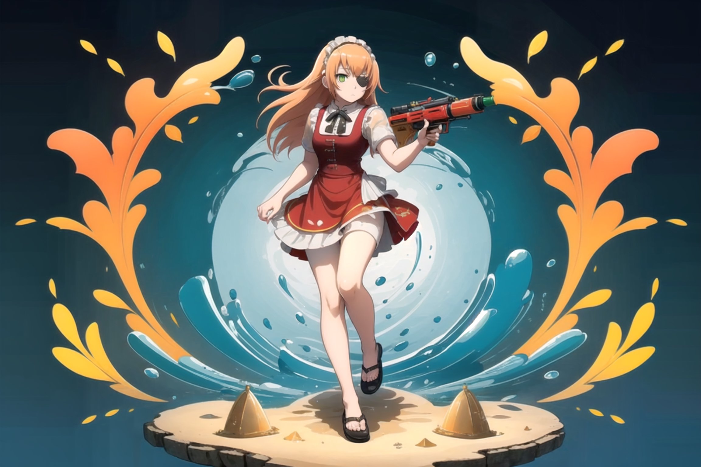 //Quality, (masterpiece), (best quality), 8k illustration,
//Character,
1girl , solo,

,cz2128 delta, pink color hair, orange color hair, peach color hair, black eyepatch on right-sided eyes, green eyes, maid outfit, holding gun, machine gun,Songkran Festival,

water splash, water festival, water gun, sand castle, water bucket, golden pagoda, golden temple, festival flags, effect of flowing water, colorful style, Thailand decoration, colorful swimming glasses, water effect