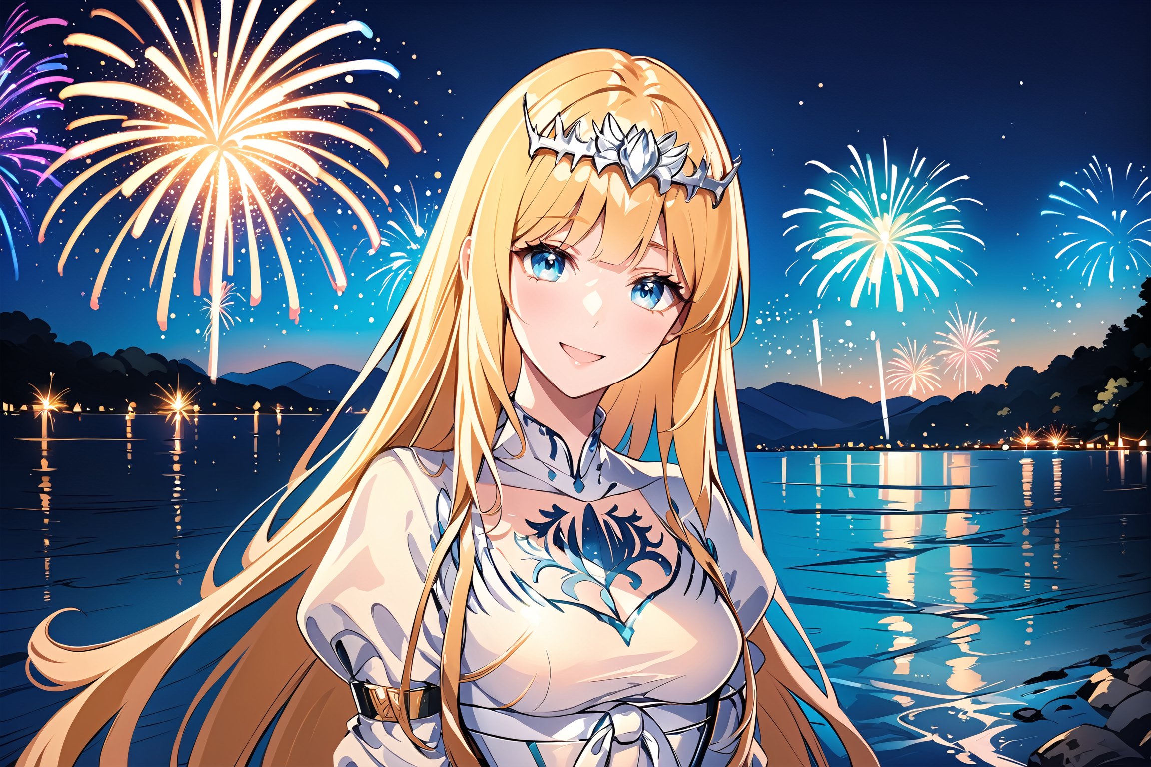 Generate hyper realistic image of a beautiful  celtic girl looking directly at the viewer.  ,light blue eyes, Sweet face and gaze, night time, firework background celebrated 1st anniversary, (intricate details), highly detailed, vibrant, production film, ultra high quality photography style, Extremely Realistic,anime,  1girl, solo, Calca, Calca Bessarez, blonde hair, extremely long hair, very long hair, white tiara, white dress, blue eyes, medium chest, smile, happy, mouth_open, firework with the text "1" 