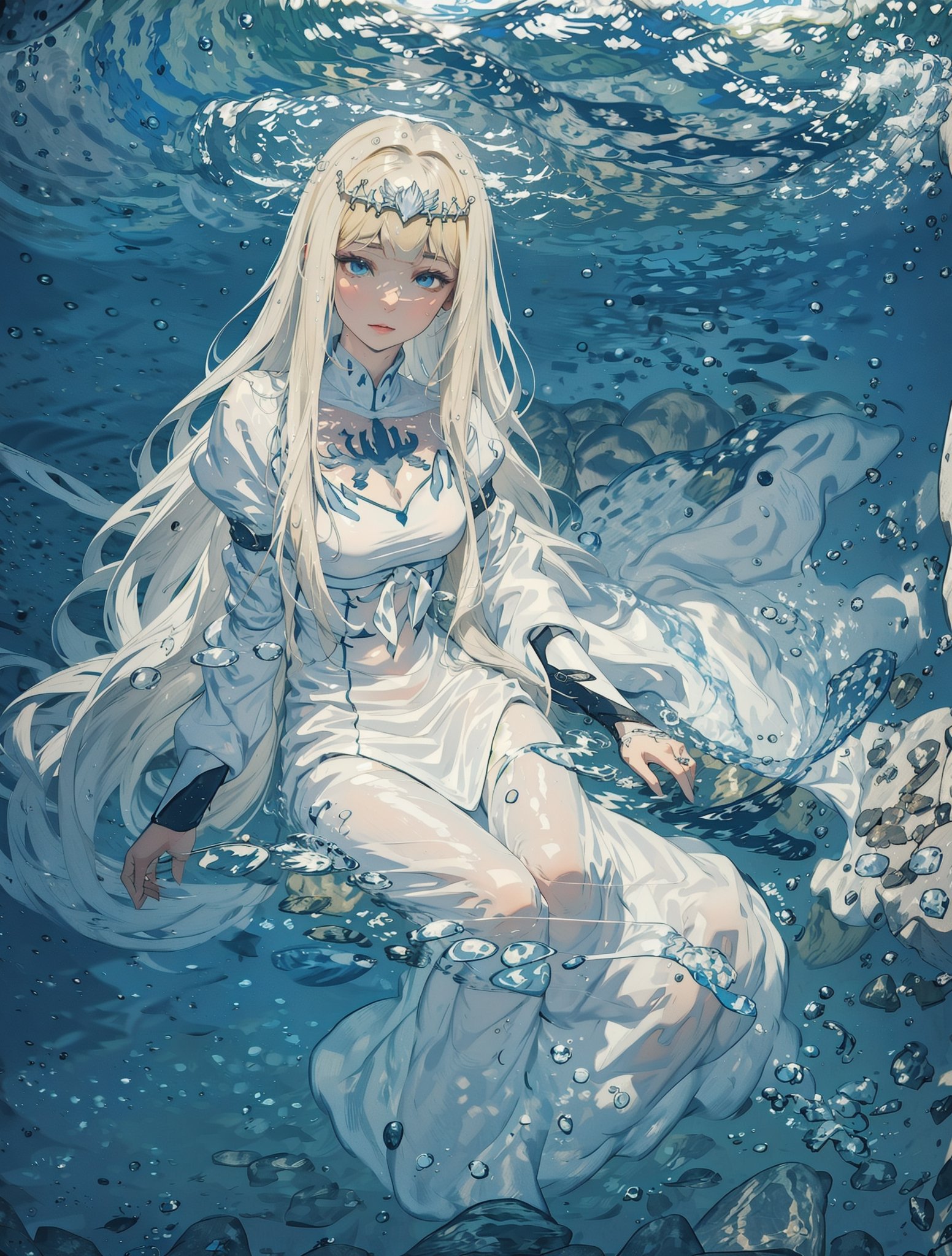 A close-up, a  young woman, knee-length hair, a fit body, es, wet clothes, water, sitting underwater meditating, hair carried by the water, air bubbles, power aura around the body, fishes, colordul fishes, swimming fish, best quality, masterpiece, ultra detailed, illustrated, dynamic angle, detailed lighting, ray tracing, realistic lighting effects, straight into view,diving_the_water_background, calca, blonde hair, very long hair, extremely long hair, white dress, white tiara, blue eyes, medium chest