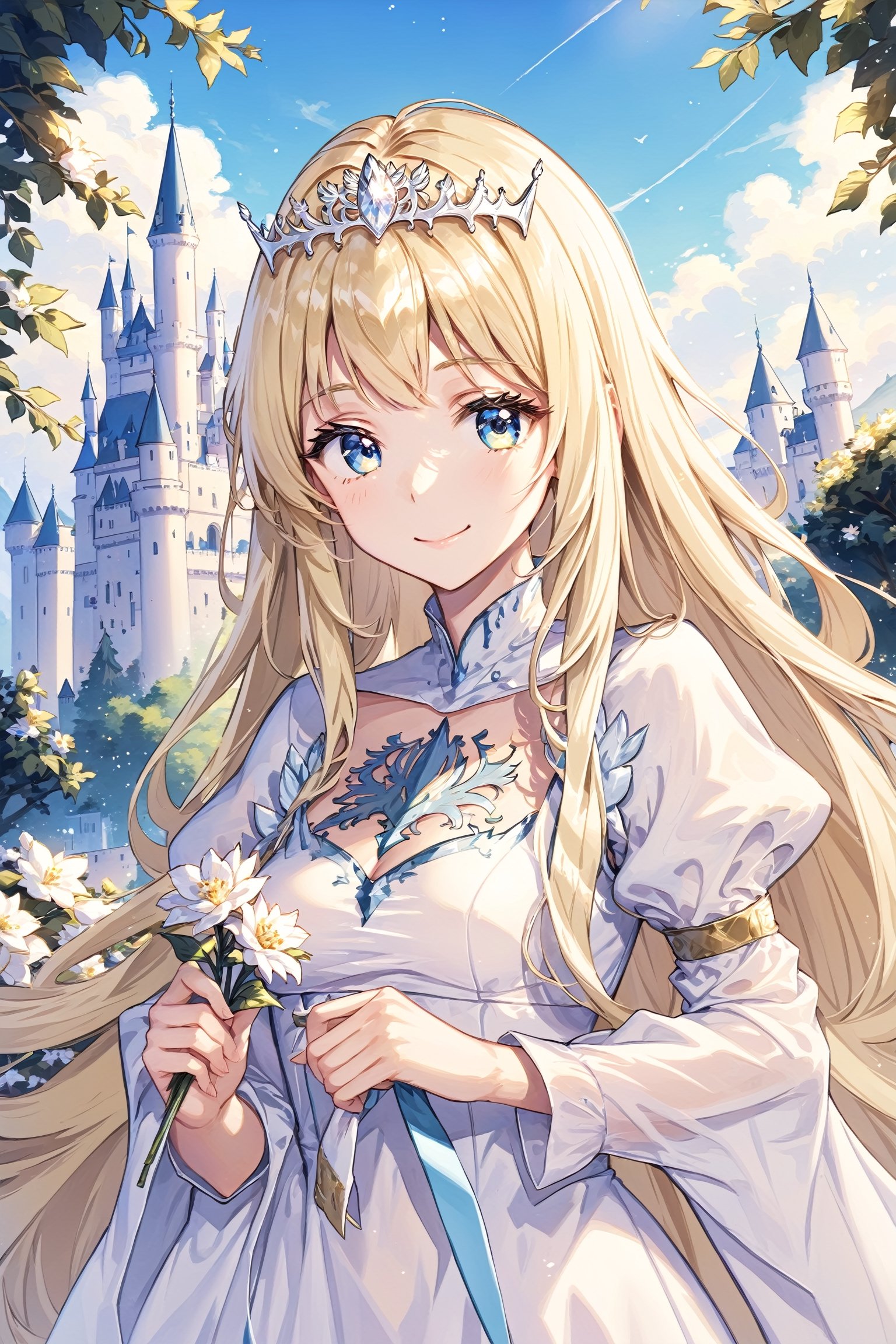 solo, looking at viewer, smile, ,  upper body, female focus, , holding flower, 1girl, solo, Calca, Calca Bessarez, blonde hair, extremely long hair, very long hair, white tiara, white dress, blue eyes, medium chest, castle background, beautiful scenery