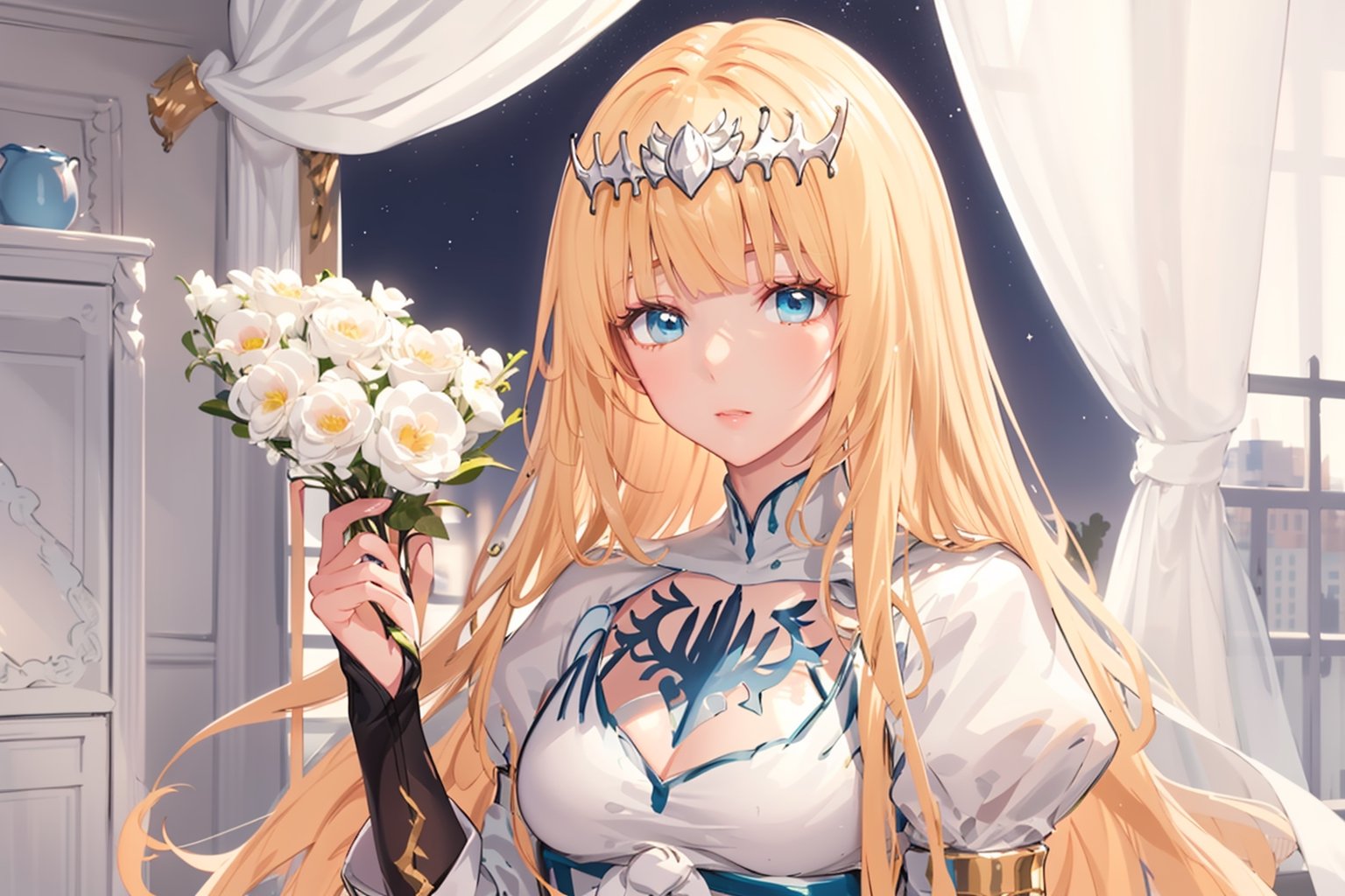 one girl, 
beautiful hands
,masterpiece,best quality, calca, blonde hair, long hair, medium chest, extremely long hair, very long hair, extra lonh hair, white tiara, white dress, blue eyes