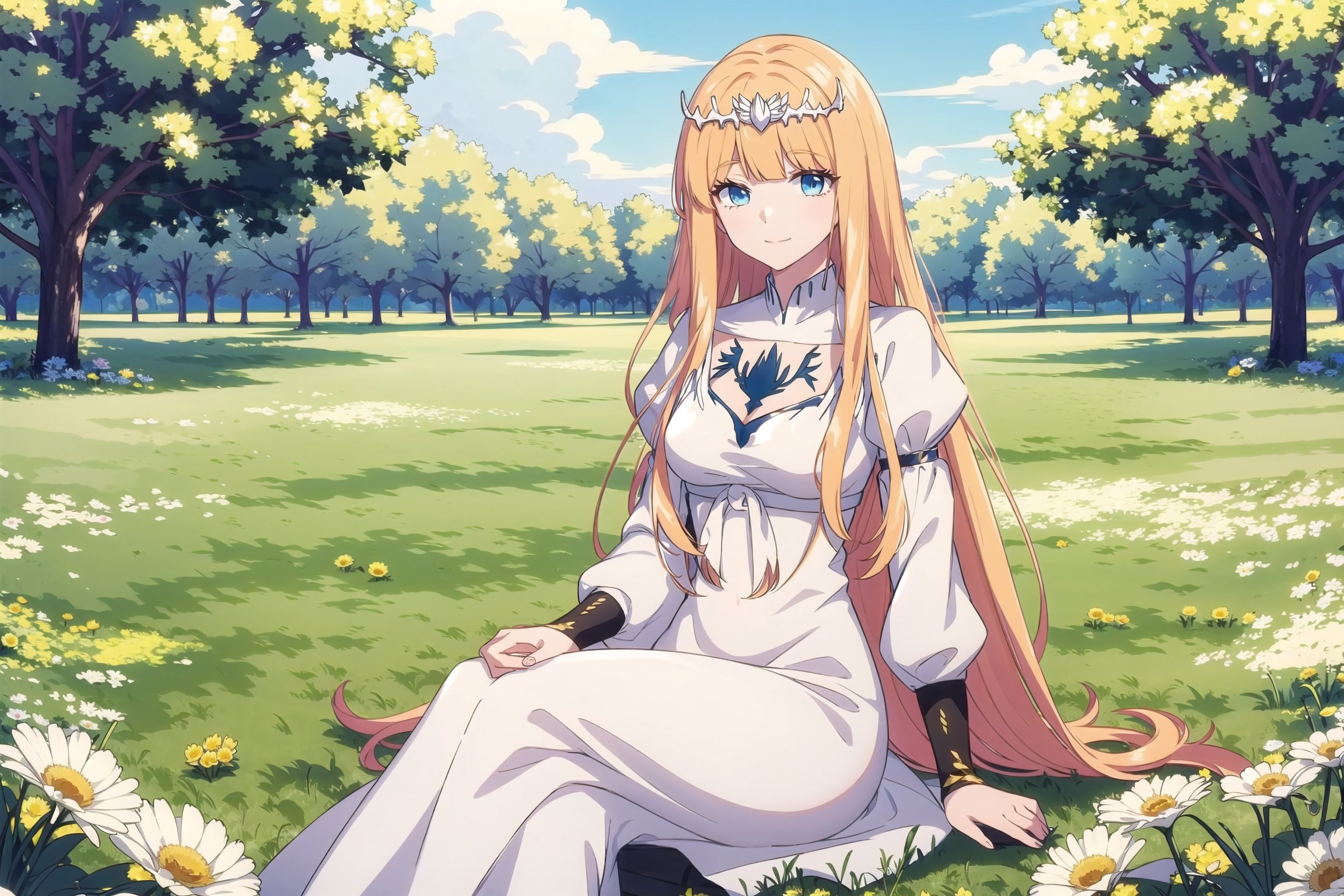 1girl, solo, looking at viewer, smile, ,, sitting, very long hair, closed mouth, , flower, , outdoors, sky, day,, cloud, , , , tree, blue sky, , nature, , yellow flower, Calca, Calca Bessarez, blonde hair, extremely long hair, very long hair, white tiara, white dress, blue eyes, medium chest
