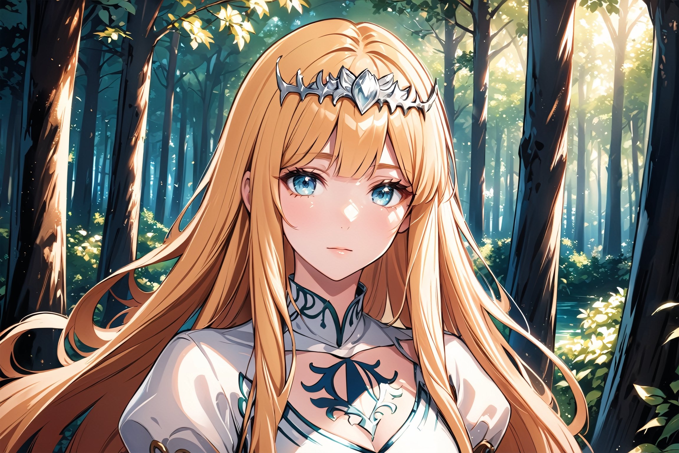 Generate hyper realistic image of a beautiful  celtic girl looking directly at the viewer.  ,light blue eyes, Sweet face and gaze, in a green forest background, (intricate details), highly detailed, vibrant, production film, ultra high quality photography style, Extremely Realistic,anime,  1girl, solo, Calca, Calca Bessarez, blonde hair, extremely long hair, very long hair, white tiara, white dress, blue eyes, medium chest