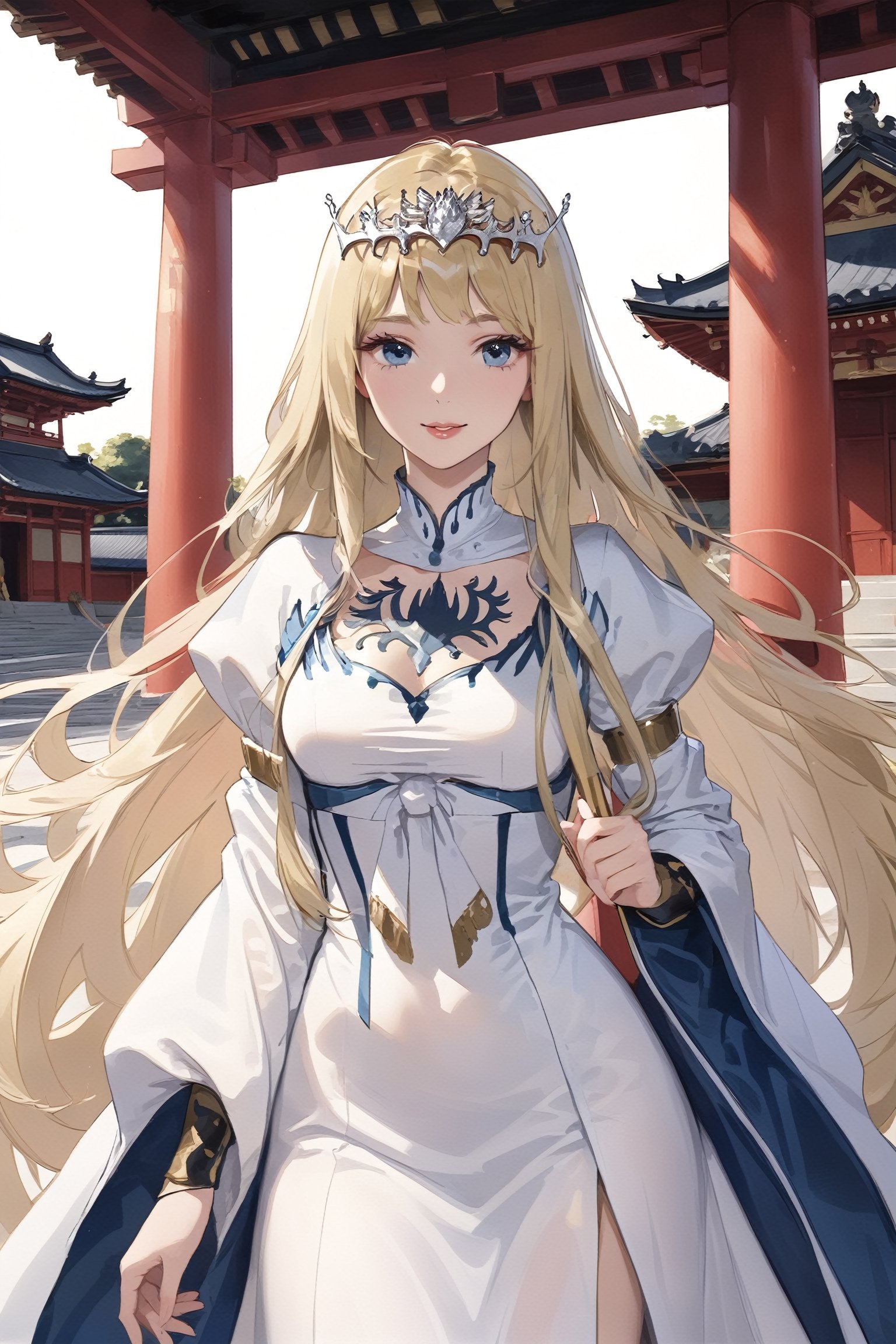 masterpiece, high quality, realistic aesthetic photo, pore and detailed, intricate detailed, graceful and beautiful textures, RAW photo, 16K, ((ancient-japan royal-palace theme)), cowboy shot, shrine-lady, beautiful face, little smile, detailed eyes, eye shadow, juicy lips,Indian beauty, 1girl, solo, Calca, Calca Bessarez, blonde hair, extremely long hair, very long hair, white tiara, white dress, blue eyes, medium chest