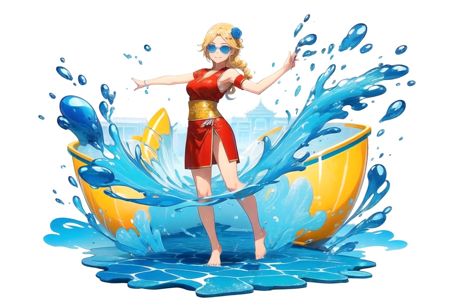 //Quality, (masterpiece), (best quality), 8k illustration,
//Character,
1girl , solo, 

 ,,Laykus, long hair, blonde hair, green eyes, hair ornament, one-sided big braid hair, one blue rose on her head,Songkran Festival,

water splash, water festival, water gun, sand castle, water bucket, golden pagoda, golden temple, festival flags, effect of flowing water, colorful style, Thailand decoration, colorful swimming glasses,

joyfully splashing water during the Songkran festival, capturing the vibrant atmosphere of celebration.