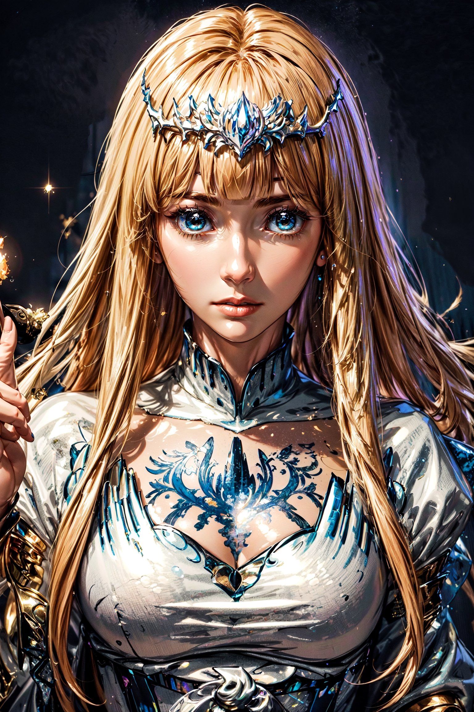 A beautiful girl, reading a grimoire in a starry night, in an enchanting forest, surrounded by mystical atmosphere and magical ambiance, glitters, glowing particles, misty. (masterpiece, top quality, best quality, official art, beautiful and aesthetic:1.2), (1girl:1.4), upper body, , portrait, extreme detailed, fantasy art, intricate arcane wiccan designs,  by Yoshida Akihiko and Kay Nielsen,Enhance,  ,1girl, solo, 1girl, solo, Calca, Calca Bessarez, blonde hair, extremely long hair, very long hair, white tiara, white dress, blue eyes, medium chest