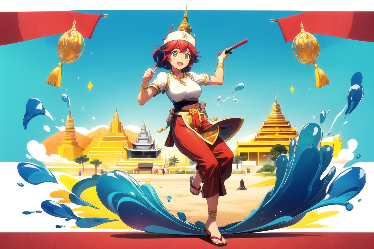 (masterpiece), (best quality), 8k illustration,
//Character,
, 1girl, solo,, ,
//Fashion,
//Background,
, ,lupusregina beta,1girl, solo,Songkran Festival,

 water splash, water festival, water gun, sand castle, water bucket, golden pagoda, golden temple, festival flags, effect of flowing water, colorful style, Thailand decoration, colorful swimming glasses,

 an image of traditional Thai dancers performing amidst colorful water splashes, symbolizing the cultural significance of Songkran.