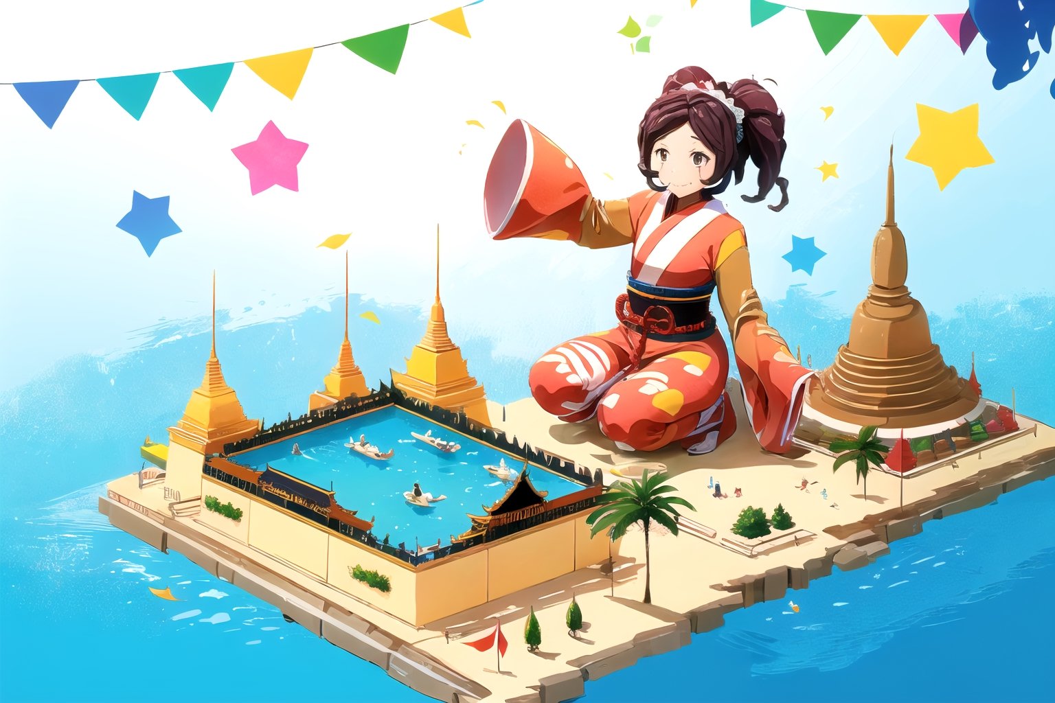 //Quality, (masterpiece), (best quality), 8k illustration,
//Character,1girl, solo, , , adult female, entoma, skeleton hands, bone hands, hone arms
//Fashion,
//Others,
,Songkran Festival, Songkran day, water splash, water festival, water gun, sand castle, water bucket, golden pagoda, golden temple, festival flags, effect of flowing water, colorful style, Thailand decoration, colorful swimming glasses, Japanese outfit, colorful long sleeve, silver hands, claw hands, 