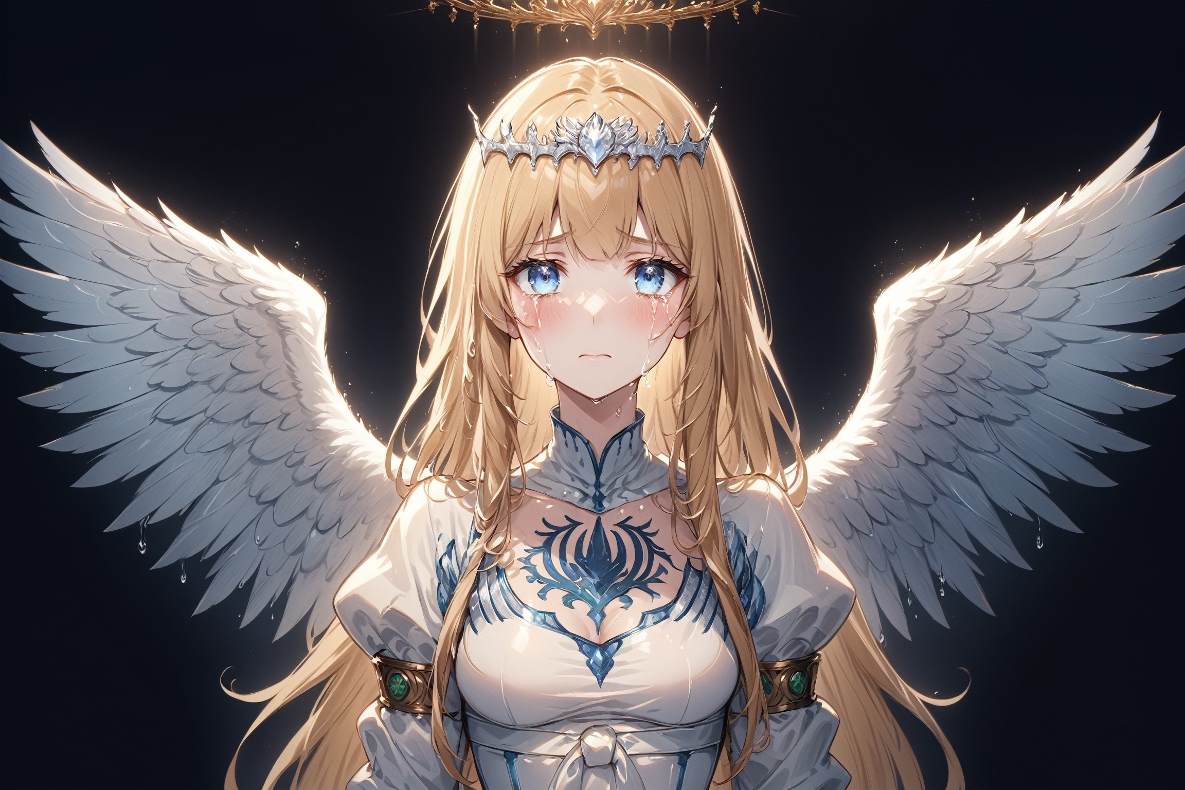 Generate hyper realistic image of a beautiful  celtic girl looking directly at the viewer.  ,light blue eyes, Sweet face and gaze, in a luxurious room,  (intricate details), highly detailed, vibrant, production film, ultra high quality photography style, Extremely Realistic,anime,  1angel, very large white wings, big pairs of wings from her shoulder,  solo, Calca, Calca Bessarez, blonde hair, extremely long hair, very long hair, white tiara, white dress, blue eyes, medium chest, face focus, close up, crying, crying_with_eyes_open, crying_tears, sadness, a lot of tears on her face, flowing tears, giant white wings,AngelStyle