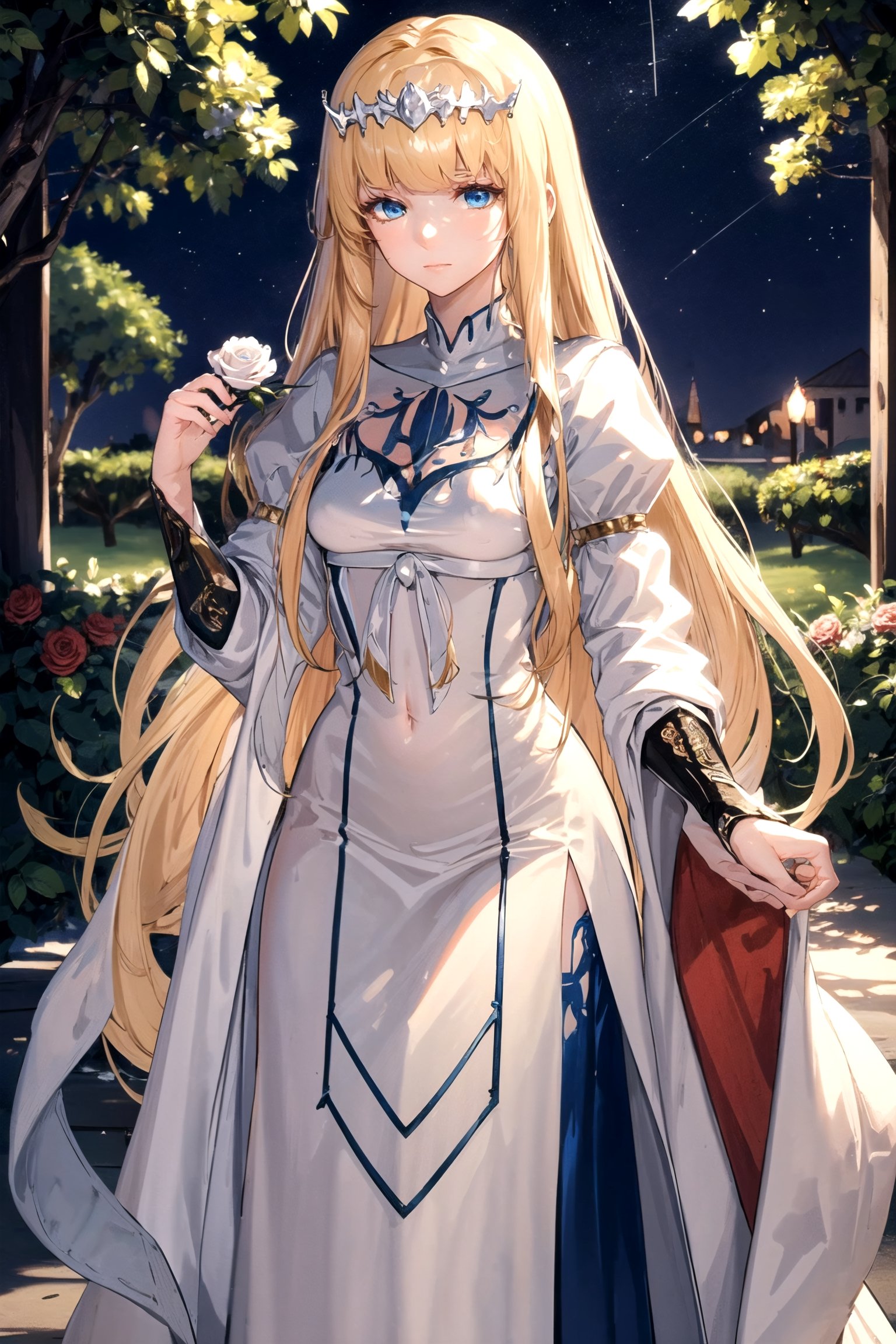 //Quality, masterpiece, best quality
,//Character,
1girl, solo
,//Fashion,
,//Background,
night, black Rose garden
,//Others,
Calca, Calca Bessarez, blonde hair, extremely long hair, very long hair, white tiara, white dress, blue eyes, medium chest