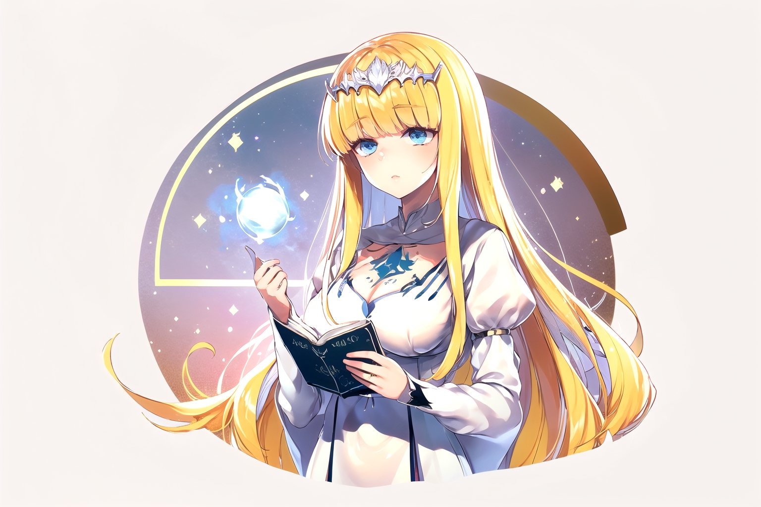 //Quality,
(masterpiece), (best quality), 8k illustration
,//Character,
1girl, solo, calca, blonde hair, very long hair, extremely long hair, blue eyes, medium breast, long sleeve, white dress, white tiara, blonde hair
,//Fashion,
,//Background,
indoors
,//Others,
magic book, forefather of magic, magical realm