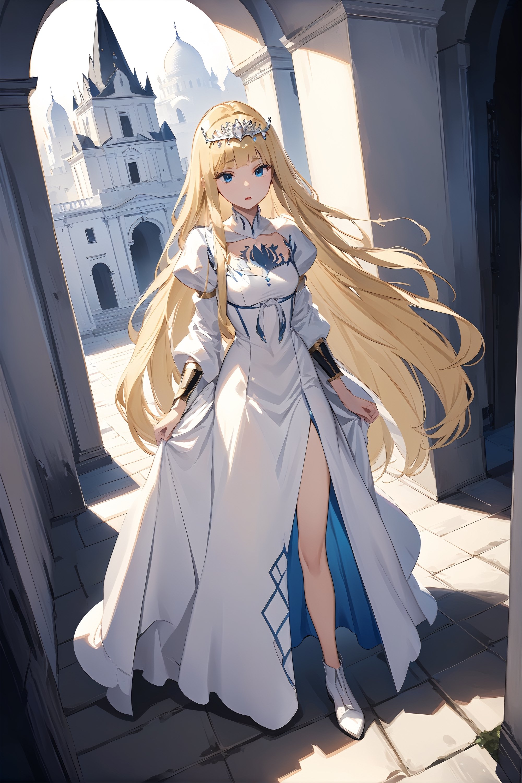 masterpiece, best quality,detailed, vibrant color, 1girl, solo, ,arm behind the back, white theme, ,, ancient city, , , Scared and hiding in the corner, 1girl, solo, Calca, Calca Bessarez, blonde hair, extremely long hair, very long hair, white tiara, white dress, blue eyes, medium chest,
