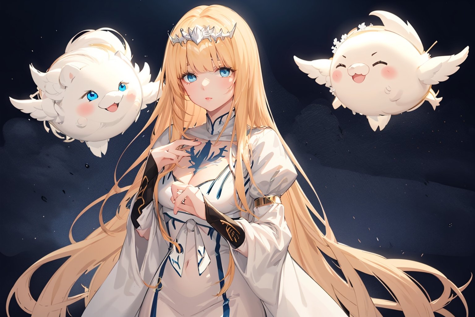 one girl, 
beautiful hands
,masterpiece,best quality, calca, blonde hair, long hair, medium chest, extremely long hair, very long hair, extra lonh hair, white tiara, white dress, blue eyes