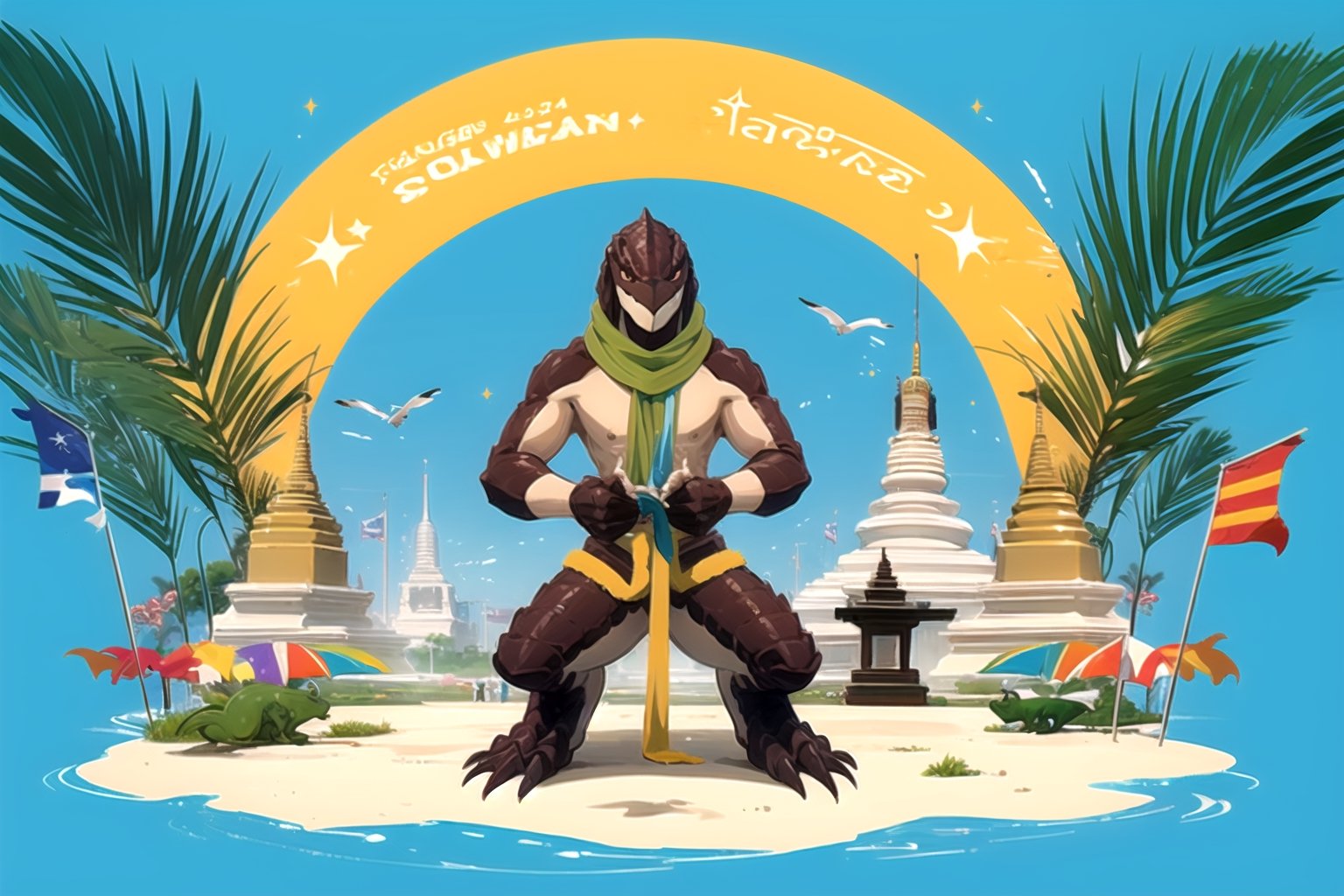 //Quality,
(masterpiece), (best quality), 8k illustration,
//Character,
1lizardman, solo, , , ,

 ,, , dark brown skin, dark eyes,Songkran Festival, pale green scarf, 

Songkran day, water splash, water festival, water gun, sand castle, water bucket, golden pagoda, golden temple, festival flags, effect of flowing water, colorful style, Thailand decoration, colorful swimming glasses,masterpiece, Zaryusu Shasha 
