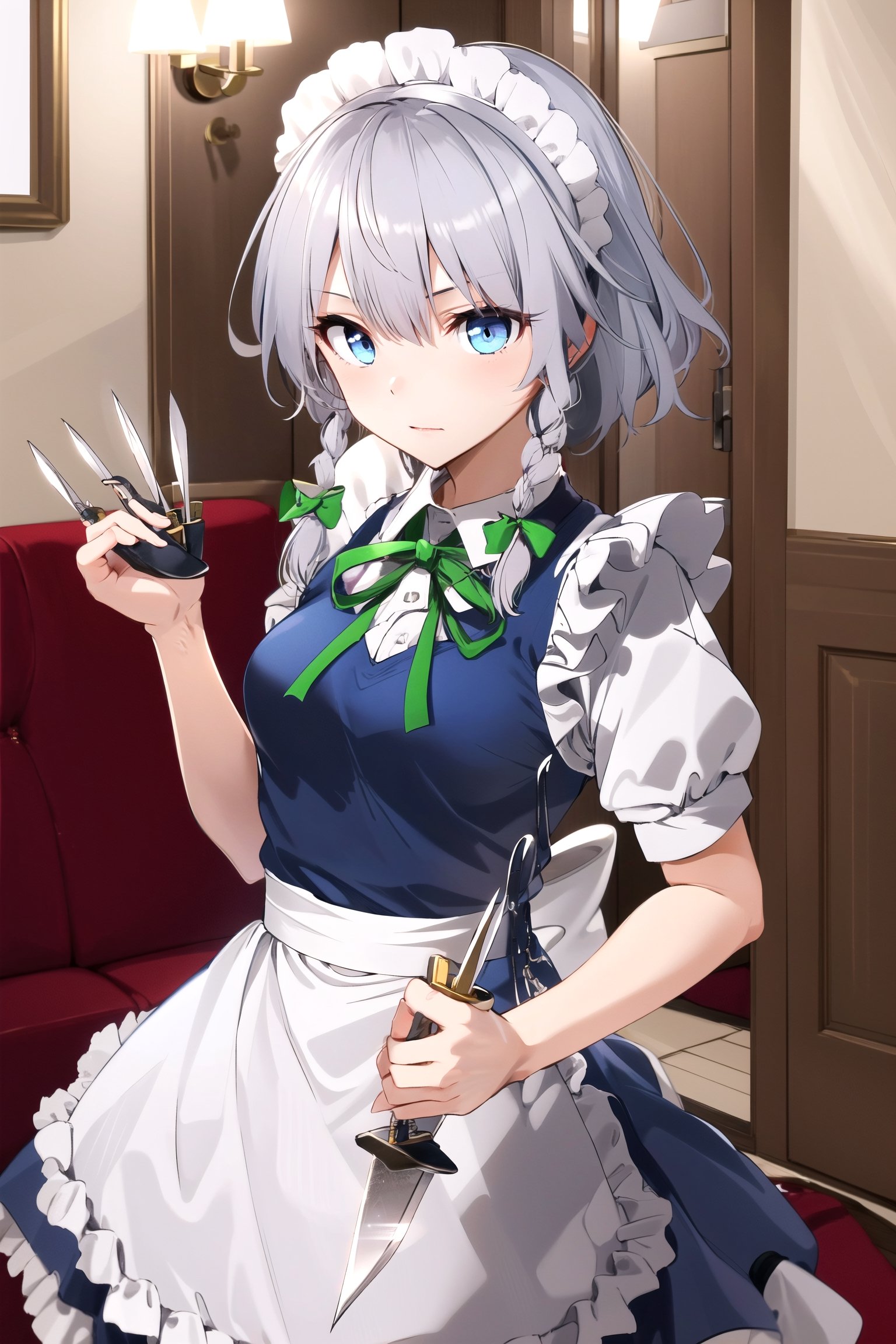 masterpiece, best quality, highres,  1girl, solo, sakuya1, izayoi sakuya, maid, red eyes, grey hair, medium breasts, , pocket watch, knife, indoors,1girl, blue eyes, dark blue eyes, green ribbons, flying knives