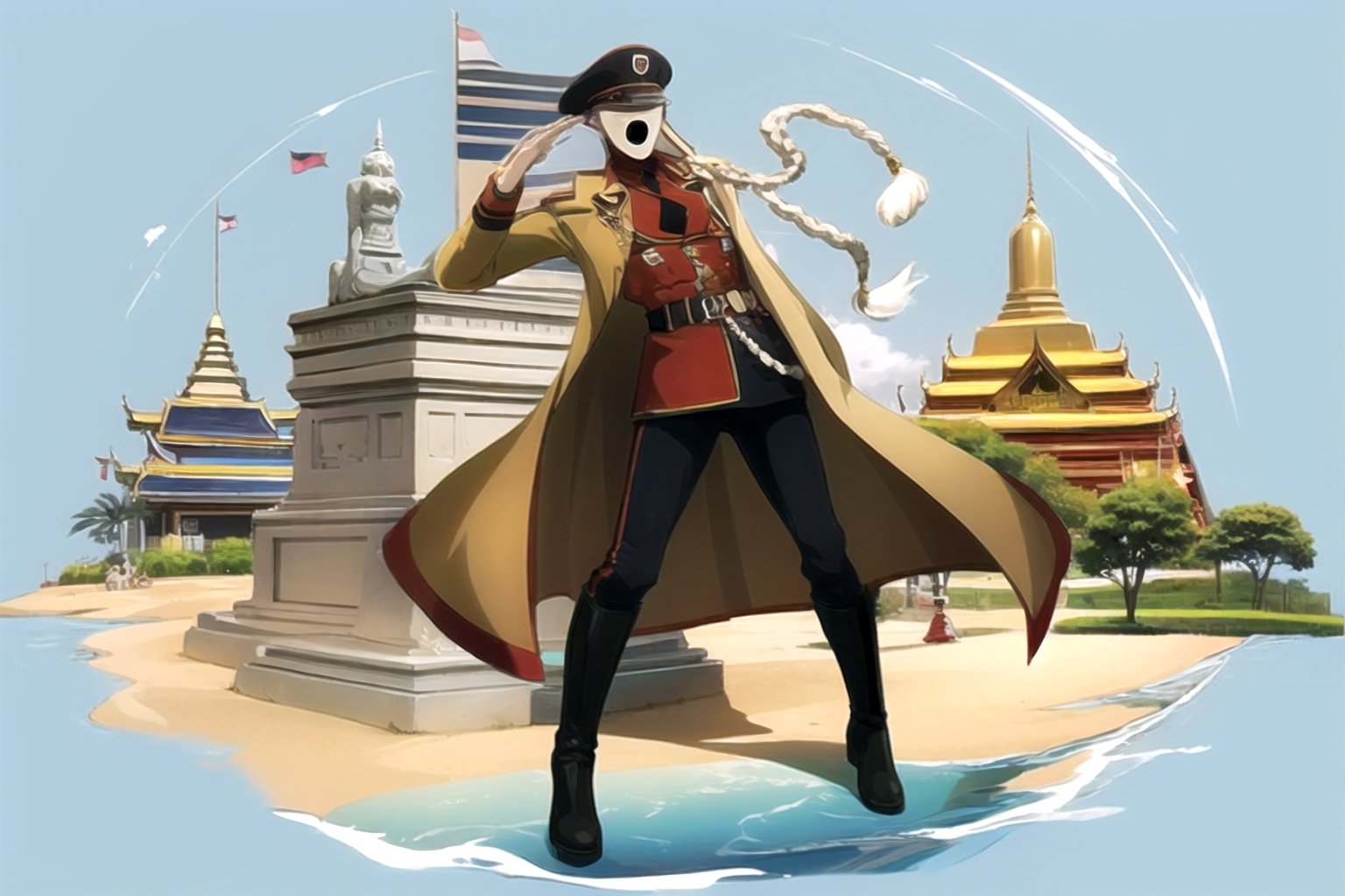 (masterpiece), (best quality), 8k illustration, , 
//Character,
, 1male, solo, ,Neutral mask, face man, four fingers, dark eyes, hat, trench coat, colorful german soldier uniform, colorful necktie, black boots, pandora's actor, open mouth, black mouth, wearing black sunglass
//Fashion,
//Background,
s,, , ,Pandora's Actor, salute pose,Songkran Festival,

Songkran day, water splash, water festival, water gun, sand castle, water bucket, golden pagoda, golden temple, festival flags, effect of flowing water, colorful style, Thailand decoration, colorful swimming glasses,masterpiece,best quality