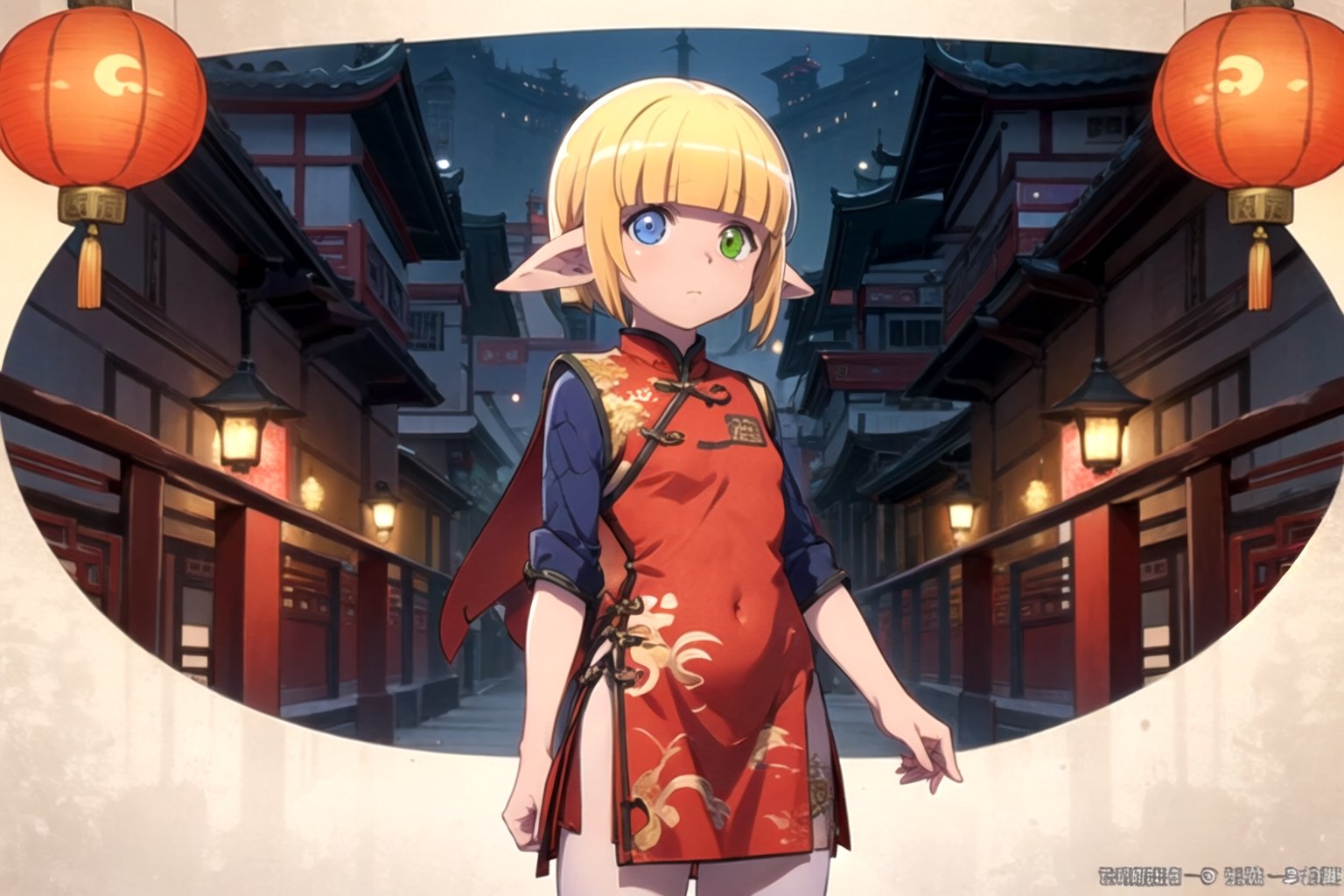 //Quality,
(masterpiece), (best quality), 8k illustration,
//Character,
, solo, china background, Chinatown, Chinese outfit,  heterochromia, one blue eye on the left of the image, one green eye on the right of the image, long pointy ears

1child, red theme, Chinese lantern, mare bello fiore, Chinese decoration, red outfit, red uniform, Chinese new year, Chinese festival, chinese dress, chinese theme outfit, chinese pattern outfit