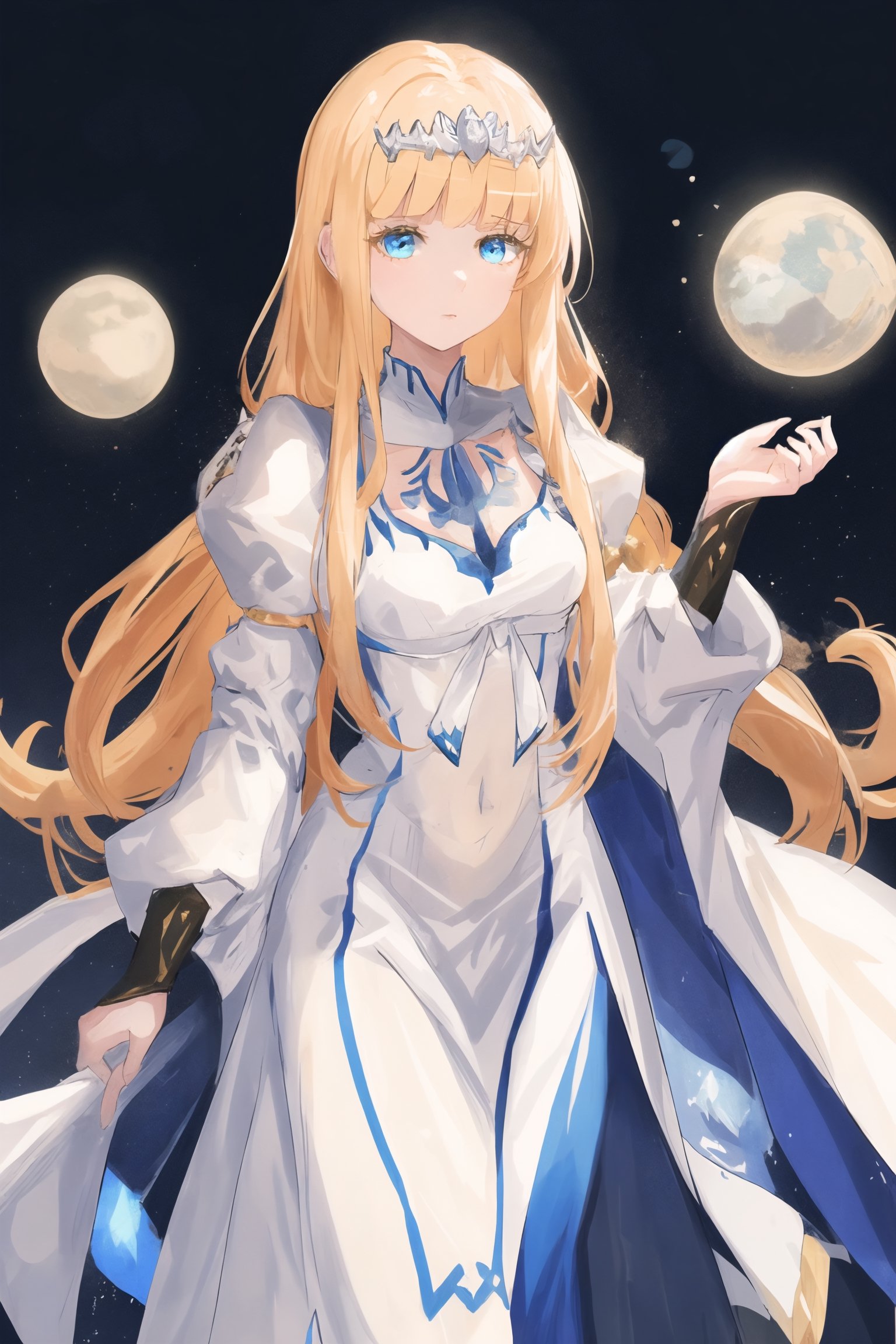 1girl, solo,  Calca, Calca Bessarez, blonde hair, extremely long hair, very long hair, white tiara, white dress, blue eyes, medium chest