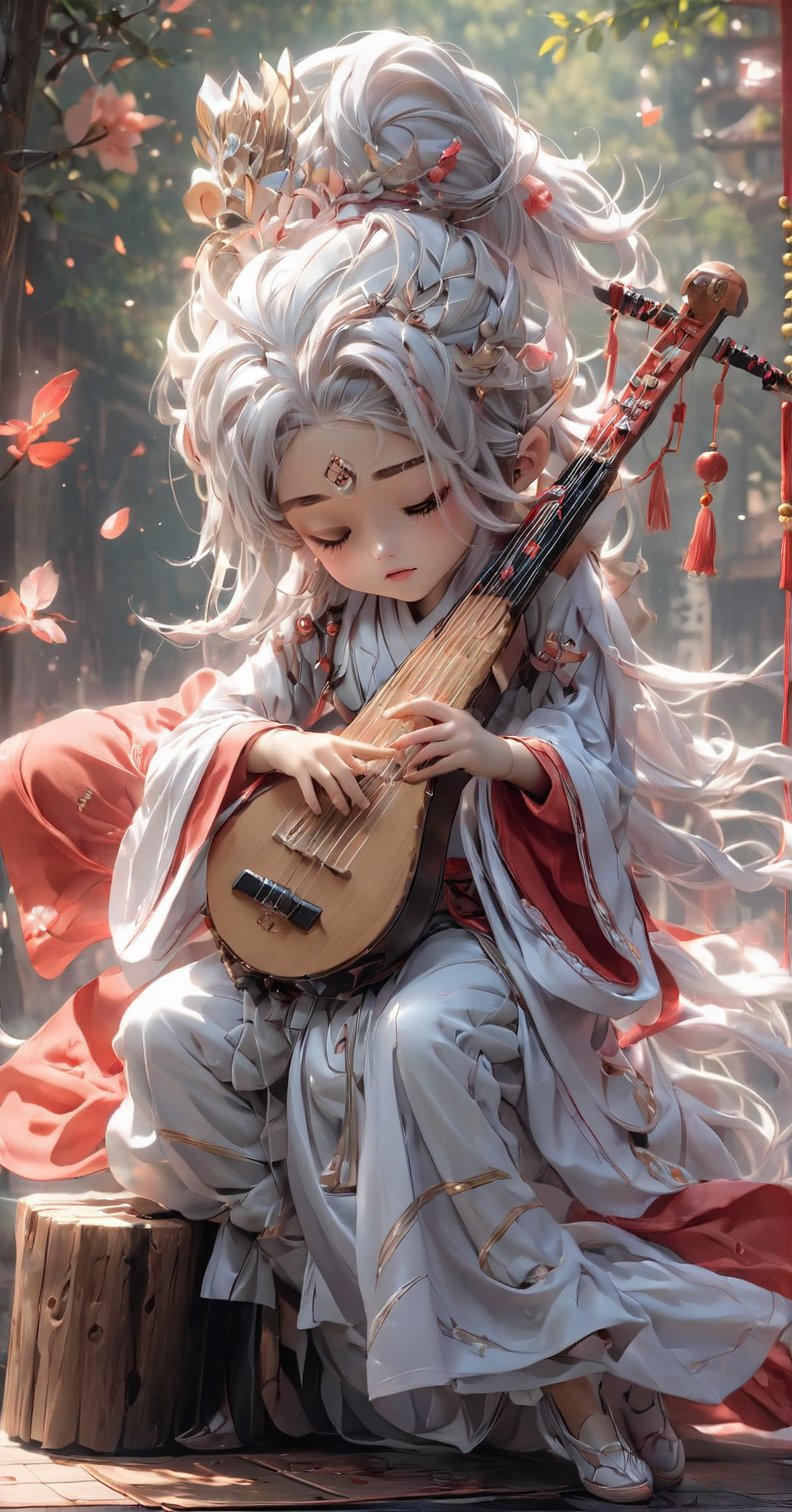 1girl, solo, long hair, blush, hair ornament, long sleeves, 1boy, holding, sitting, closed mouth, full body, closed eyes, white hair, focus, chinese clothes, instrument, music, playing instrument, holding instrument, hanfu