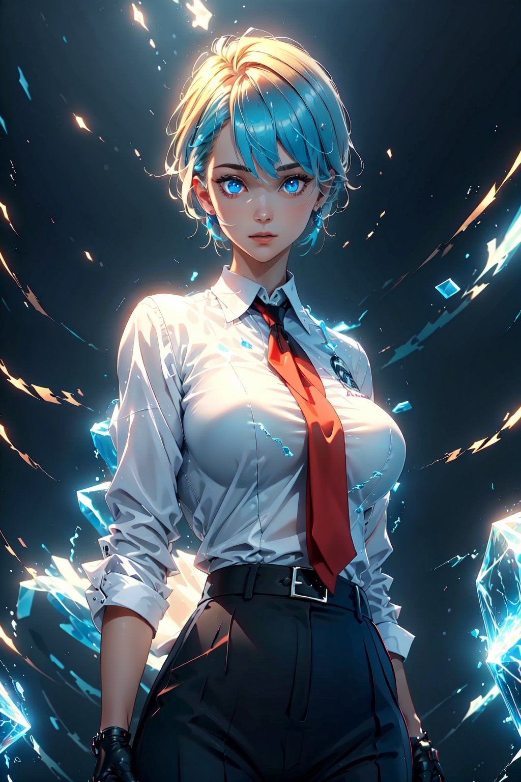 calm and slender girl wearing a schoolboy uniform (white shirt, black pants, red tie). her eyes glow quite brightly in dark blue. she has short blonde hair. This girl looks like a prince. Hyperdetailing masterpiece, hyperdetailing skin, masterpiece quality, with 9k resolution. she has ice powers. cyan eyes. He floats ice clusters around him. Masculine appearance, neat, well-groomed. detalied face.,huge breasts,DonMl1ghtning,DonMN1x13,cool