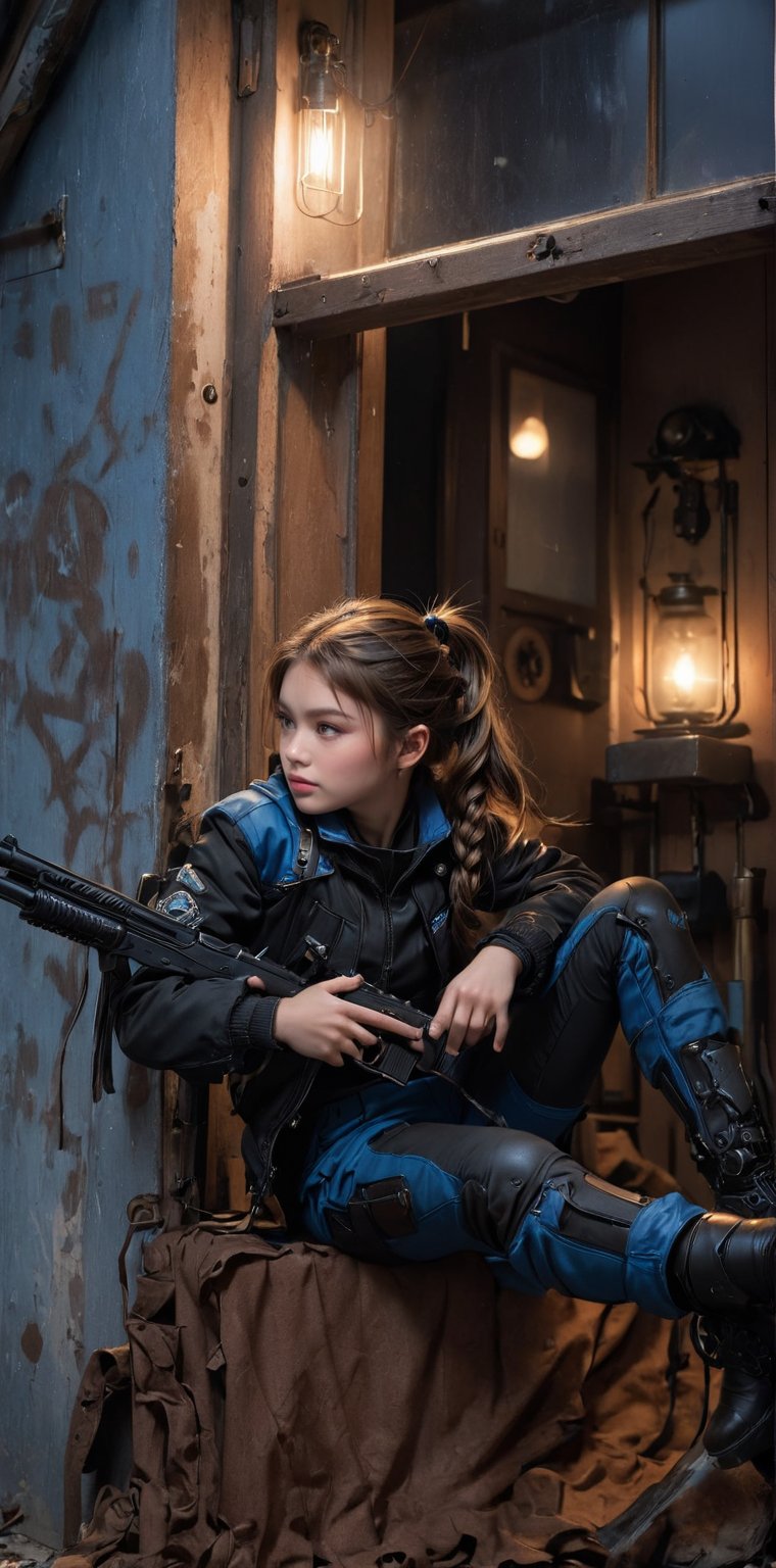 A young girl 12yo, sits confidently,She holds a shutgun firmly in  hands Protect the front of her home.  long brown hair tied in a ponytail, wearing a black jacket and blue pants with black boots. Her long sleeves are rolled up slightly, revealing a glimpse of pale skin. She holds a shutgungun , her coat open to reveal the weapon. The framing is tight, with the subject centered in the shot, surrounded by a shallow depth of field. The lighting is dimly lit, with a hint of moody blues and shadows accentuating her determined expression.