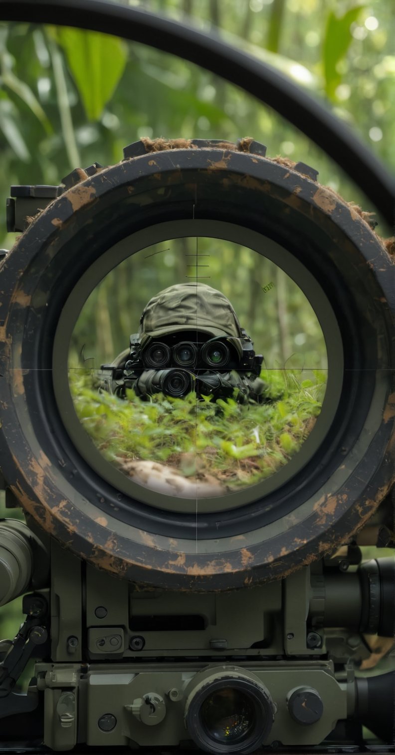 sniper, epic scope, combat and adventure photography, jungle background, long range, target reticle, from the movie Sniper, 4k headshot, sniper shooting