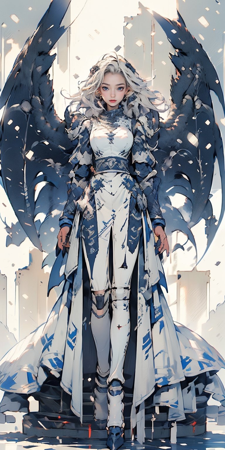 4k,ultra detailed, best quality, masterpiece, 18yo 1girl, ((Full body armor,complex multi-layered mecha armor, scale armor, many complex armor elements, ultra light tight armor, no helmet, insane detail full leg armor)) ((( huge long wings ,1black other is white:1.5)))blue hair,diagonal bangs,french braid,hime_cut,long hair,red neckerchief,canine teeth

 (Beautiful and detailed eyes),
Detailed face, detailed eyes, double eyelids, real hands, ((short hair with long locks:1.2)), ,meteor shower black background,


real person, color splash style photo,
,dragon ear,cool,huge breasts,qinghua