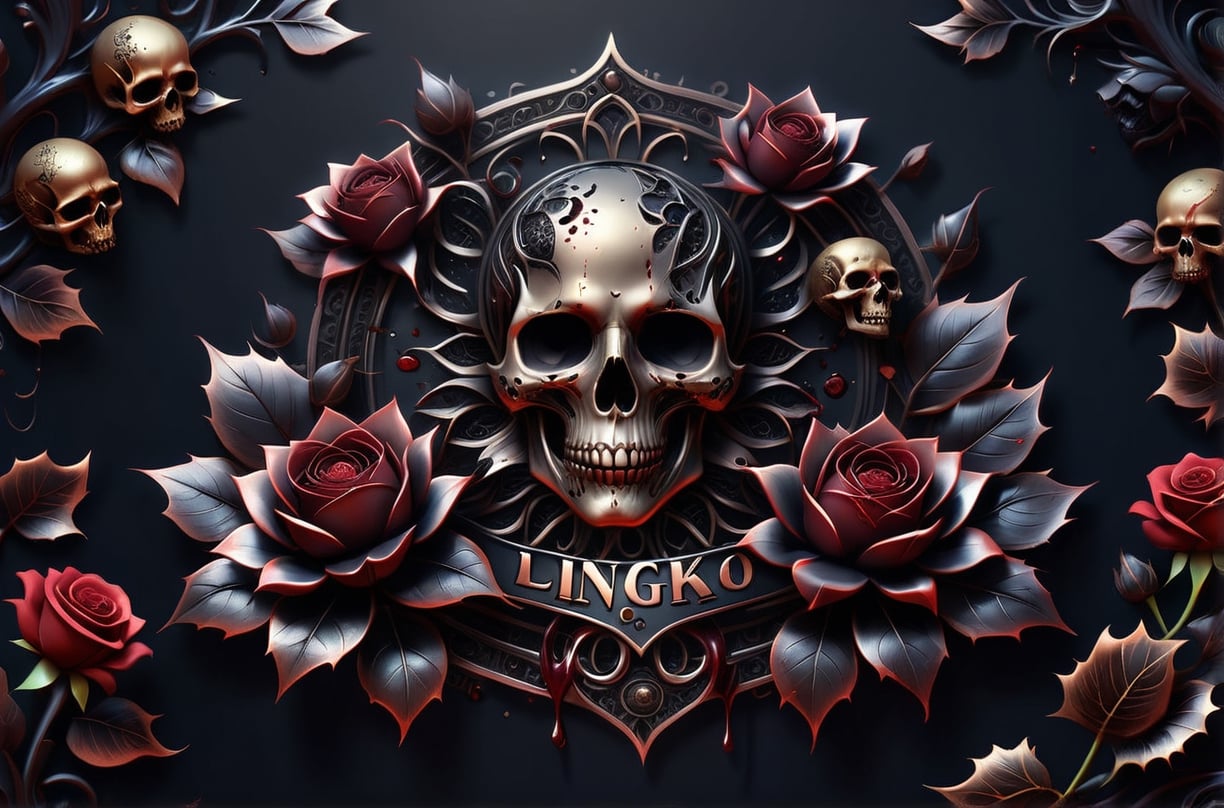 (((add text "Lingko"in the center )))masterpiece,best quality,official art, extremely detailed CG unity 8k wallpaper,filigree emblemsurrounded by black lotus flowers, dark red roses rose stem with thorns blood and oil dripping from leaves,copper skull,gear add to blank space vector image sticker design , 8K high-quality image dark shadows and bright highlight,Text