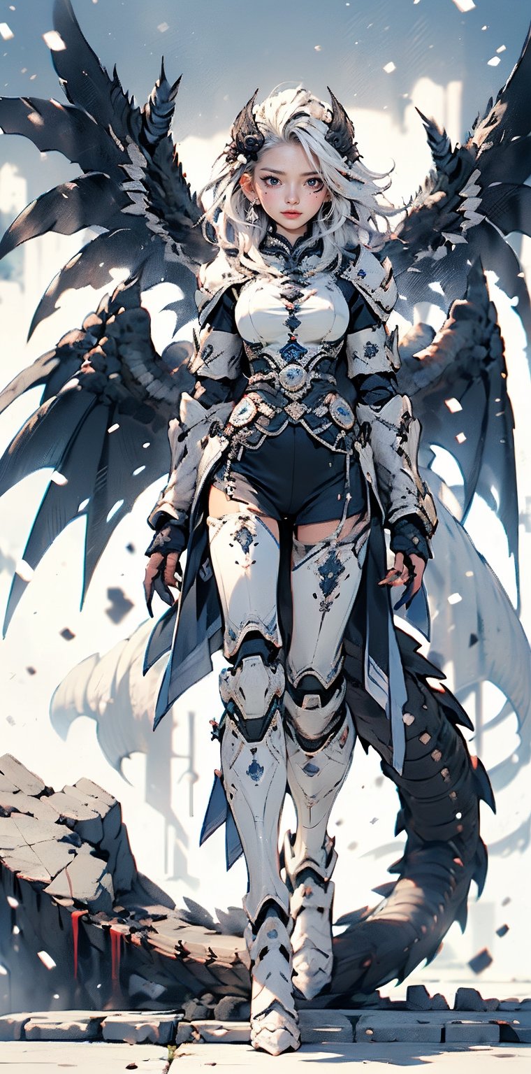 4k,ultra detailed, best quality, masterpiece, 18yo 1girl, ((Full body armor,complex multi-layered mecha armor, scale armor, many complex armor elements, ultra light tight armor, no helmet, insane detail full leg armor)) ((( huge long wings ,1black other is white:1.5)))blue hair,diagonal bangs,french braid,hime_cut,long hair,red neckerchief,canine teeth

 (Beautiful and detailed eyes),
Detailed face, detailed eyes, double eyelids, real hands, ((short hair with long locks:1.2)), ,meteor shower black background,


real person, color splash style photo,
,dragon ear,cool,huge breasts,qinghua