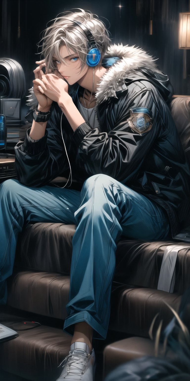 solo, blue eyes, 1boy, sitting, jacket, male focus, pants, fur trim, headphones