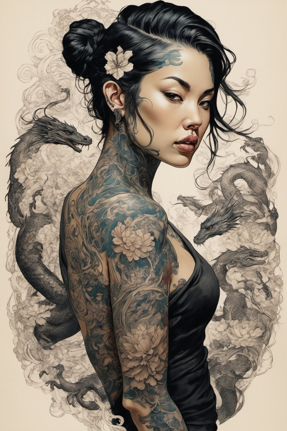 Generate hyper realistic image of a woman with a strong and intricate aesthetic, blending elements of nature, tattoos. She is wearing a black top that reveals her back and shoulders, showcasing her detailed tattoos. The outfit is minimalistic, focusing attention on her tattoos and overall physique. she is adorned with elaborate tattoos, predominantly featuring a dragon design that wraps around her shoulder and arm. The very colourful tattoos are detailed and intricate. Additional tattoos can be seen on her neck and other parts of her body, enhancing her fierce and warrior-like appearance. Her hair is styled in a messy yet elegant updo, with loose strands framing her face. The dark hair adds to her striking look, providing a stark contrast to her tattoos.
In the style of (((Hokusai))), (((Sukenobu))), (((Settei))), (((Shuncho)))
