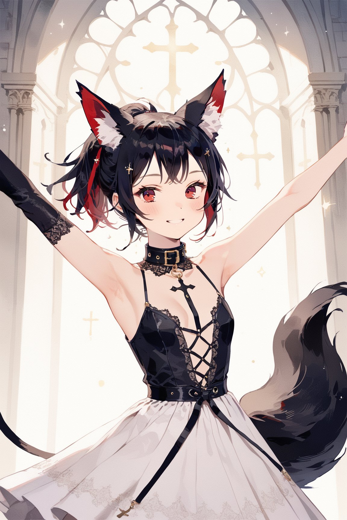 masterpiece, best quality, aesthetic,1girl,solo,Tekeli,black fox ears,animal ear fluff,black fox tail,black hair,red inner hair,(short ponytail:1.4),sidelocks,(red eyes:1.3),fashion,cat_collar,blush,church,natural light,bless you,cross hair accessory,smile,closed mouth,open arms,spread armpit