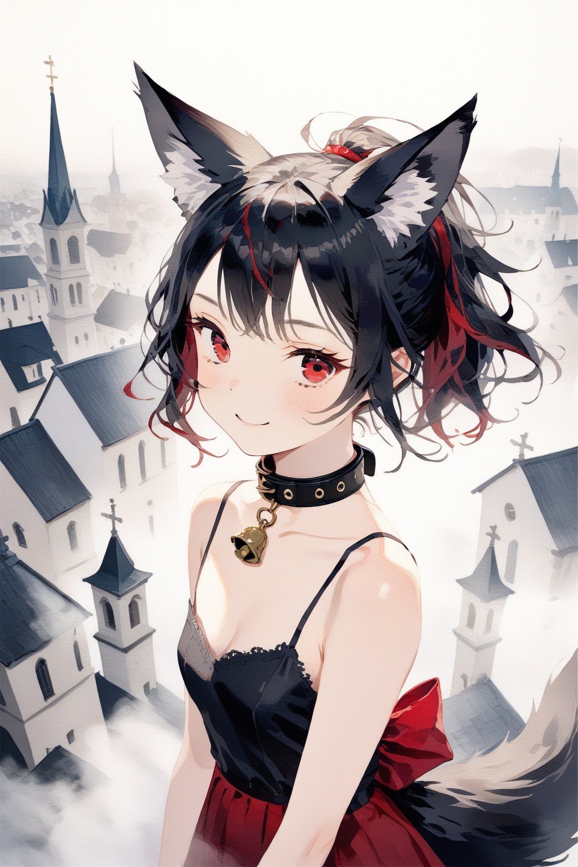 masterpiece, best quality, aesthetic,1girl,solo,Tekeli,black fox ears,animal ear fluff,black fox tail,black hair,red inner hair,short ponytail,sidelocks,(red eyes:1.3),fashion,cat_collar,blush,scenery, ((fog,Haze,Gloom)),blurry background,blurry foreground,A digital double exposure photo,looking at viewer,:>,smile,Realistic,Backlit,church bell,impasto style,natural light,from above