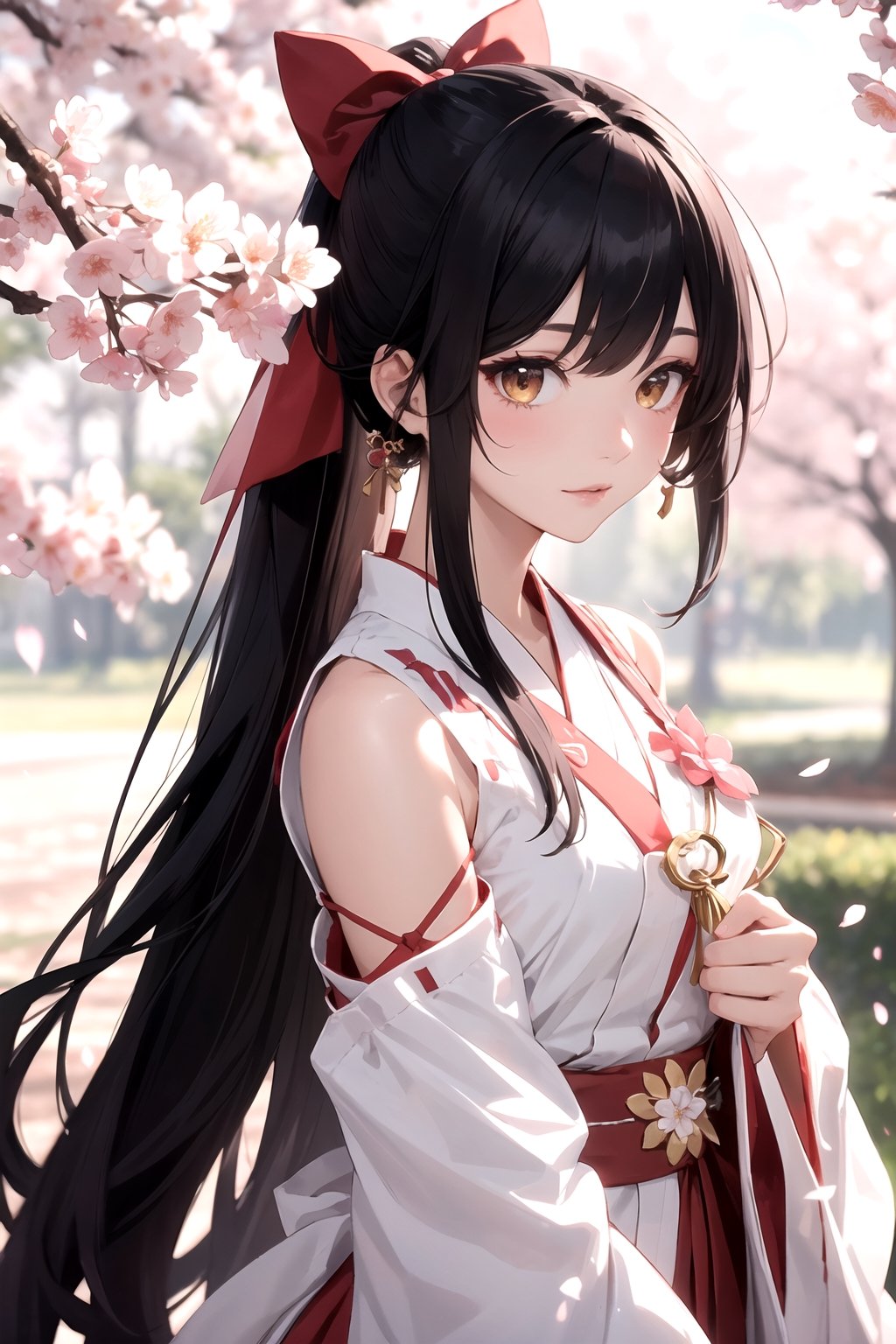 A mature girl,black ponytail holder,red eyeshadow,masterpiece,absurdres,best quality,miko,nontraditional miko,sakura tree,hair bow,scattered petals,bokeh,blurry foreground,1girl