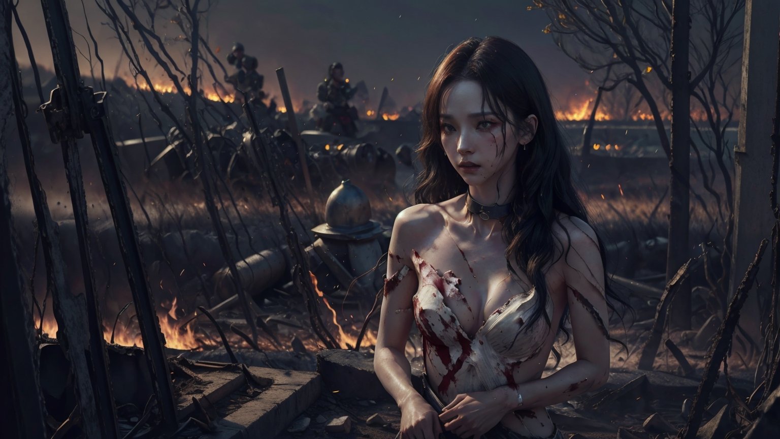 (blur background), (masterpiece, best quality, ultra-detailed, 8K),, (colorful), (seductive),(on a date) , (night Battlefield ) ,, 1girl ,running, cold face, 35 year old,,  Warriors Outfitss, on Ruined Battlefield,(injury), fire,collar bone, (injury),blood, ((medium breasts)), cowboy shot, ,aespakarina,topless