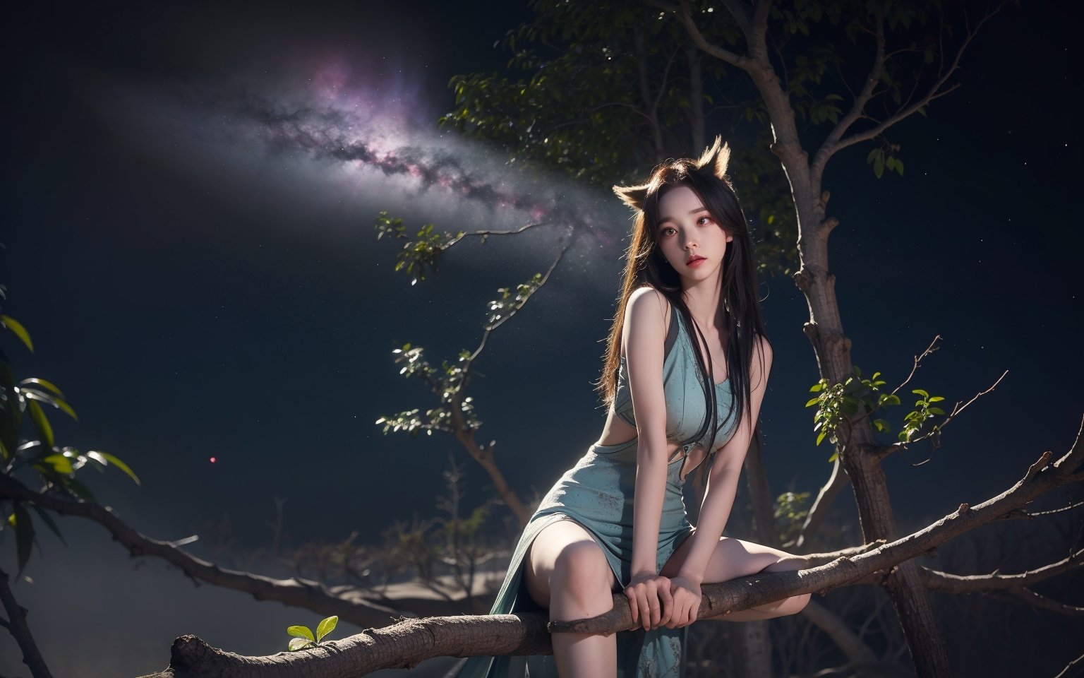 An incredibly complex owl-like humanoid, perched gracefully on a gnarled tree branch, its piercing gaze staring directly at the viewer. The creature's eyes are incredibly detailed, reflecting the ethereal glow of a dark nebula faintly glowing in the background. Soft bokeh adds a mystical atmosphere to this captivating scene.,aespakarina, 1girl, 