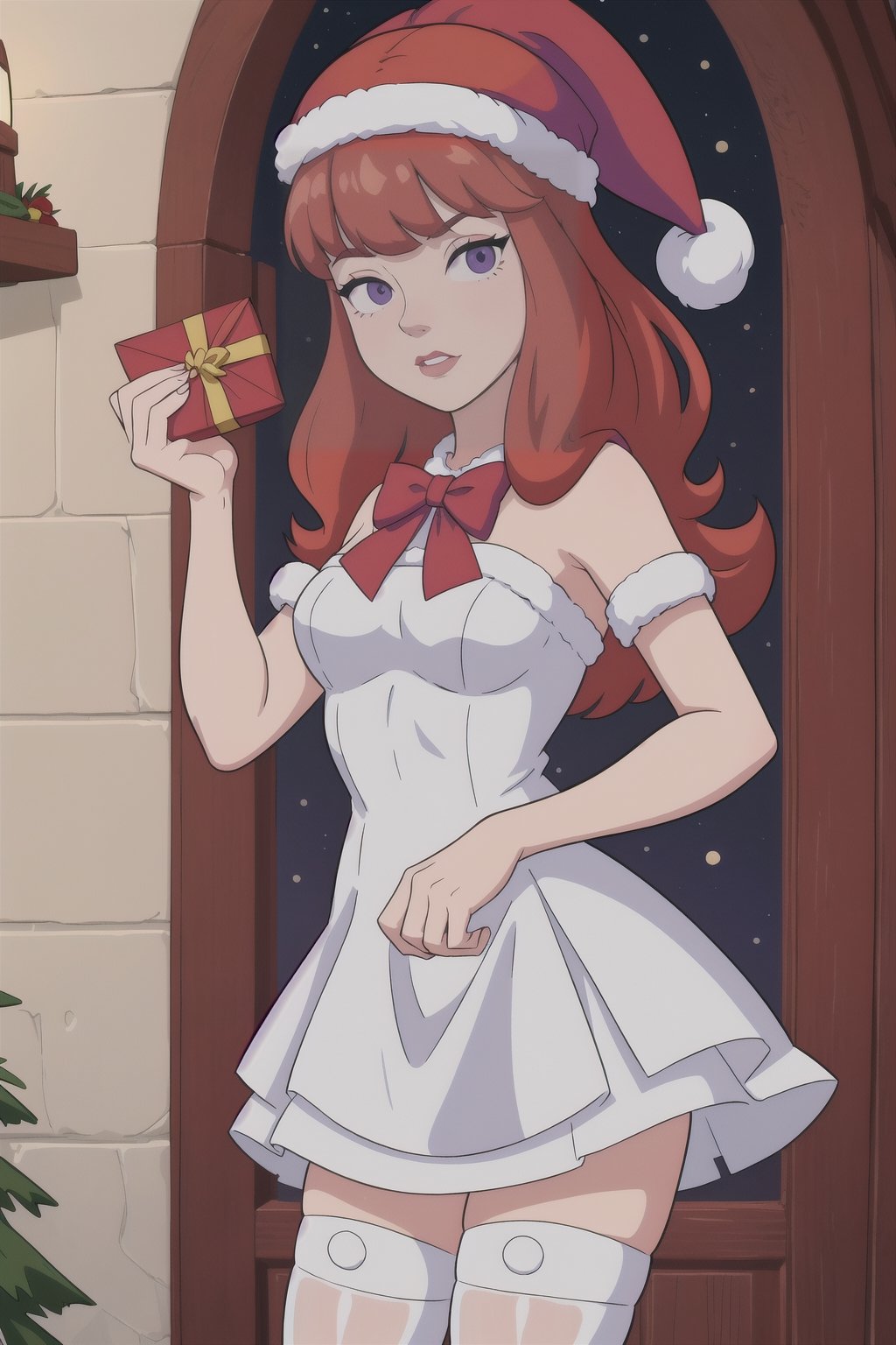 daphneblake, (8k, RAW photo, best quality, masterpiece:1.2), (intricate details), perfect eyes, perfect face, perfect lighting, beautiful, (masterpiece:1.2), (best quality:1.2), 1girl, cartoon style, solo, redhead, purple eyes, look at viewer, white headband, holding a present, red dress, santa_hat, white stockings, red dress