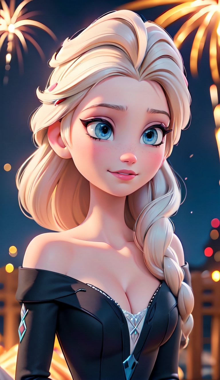 close up of face, Elsa from Frozen, (best quality, masterpiece, ultra detailed, highres, RAW image), perfect facial features, pale skin, blushing, blonde, long tousled hair, perfect eyes, perfect proportions, prestigeous, delicate, romantic, Elizabethan woman, black dress, cleavage, smiling, romanticism, hirao style, fireworks, firework, night, realistic.