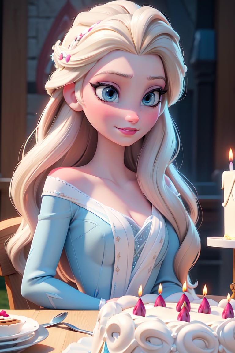 close up of face, Elsa from Frozen, (best quality, masterpiece, ultra detailed, highres, RAW image), perfect facial features, pale skin, blushing, blonde, long tousled hair, perfect eyes, perfect proportions, prestigeous, delicate, romantic, Elizabethan woman, black dress, smiling, realistic, birthday cake
