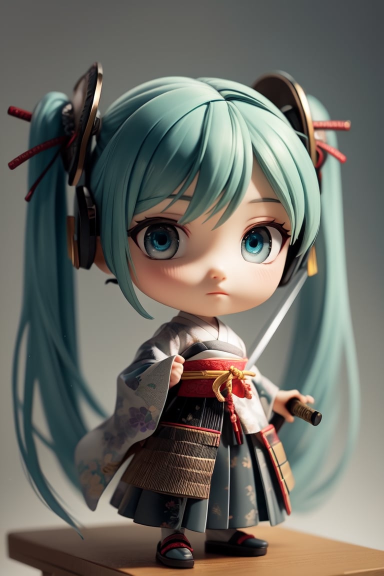 ((1 female)), Hatsune Miku, petite girl, full body, chibi, 3D figure little girl, green hair, twintails, beautiful girl with attention to detail, beautiful delicate eyes, detailed face, beautiful eyes, Japanese Warring States Period Samurai, Wearing Traditional Samurai Armor, Holding a Sword Poised, detail, dynamic beautiful pose, dynamic pose, gothic architecture, natural light, ((real)) Quality: 1.2 )), Dynamic Distance Shot, Cinematic Lighting, Perfect Composition, Super Detail, Official Art, Masterpiece, (Best) Quality: 1.3), Reflections, High Resolution CG Unity 8K Wallpaper , Detailed Background, Masterpiece, ( Photorealistic): 1.2), random angle, side angle, chibi, whole body, mikdef,