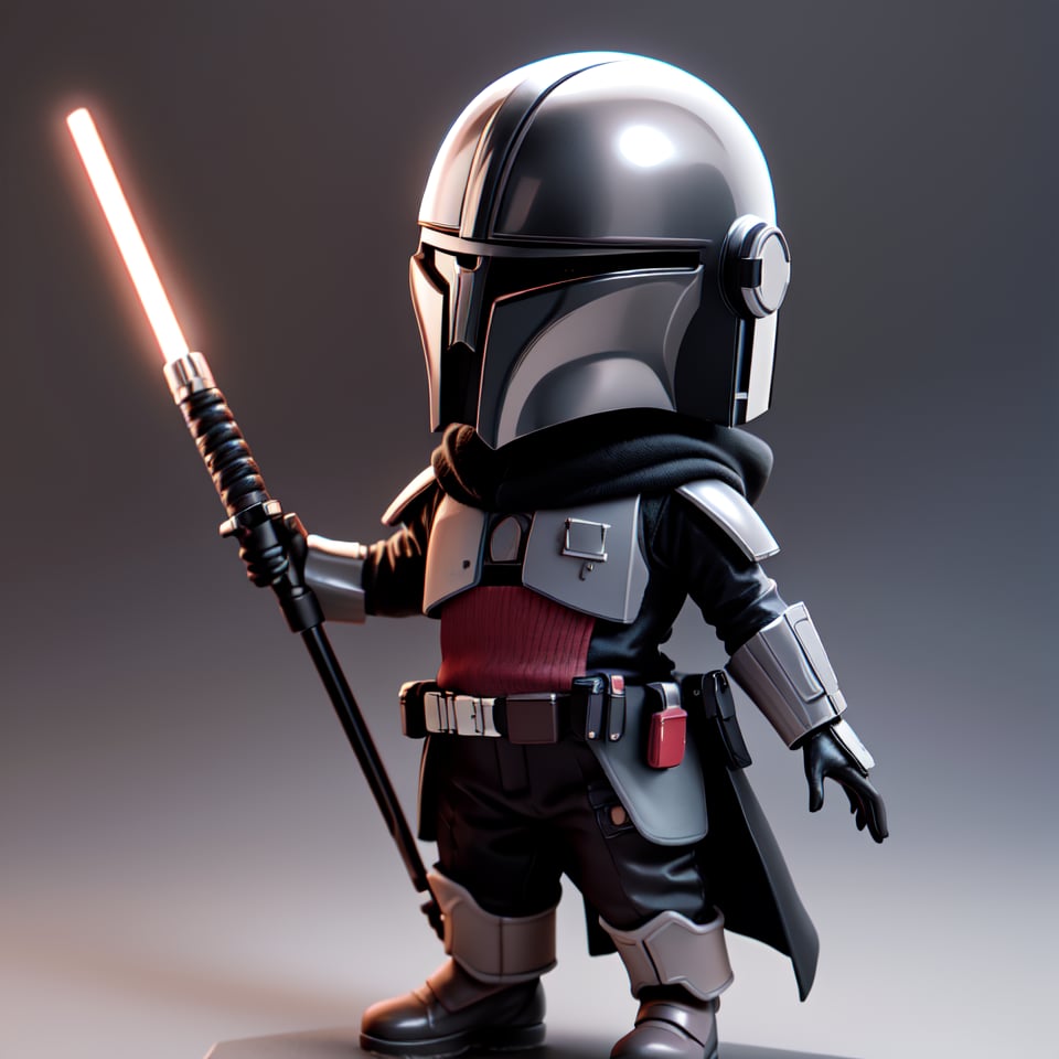((1 male)), StarWMandalorian, no face, h,
, boy, full body, chibi, 3D figure, detailed mask, holding lightsaber, natural light, ((realistic)) quality: 1.2)), dynamic pose, cinematic lighting, perfect composition, high details, official art, masterpiece, (best quality: 1.3), reflection, high resolution CG Unity 8K wallpaper, detailed background, masterpiece, (photorealistic): 1.2), random angle,  chibi, full body,  StarWMandalorian